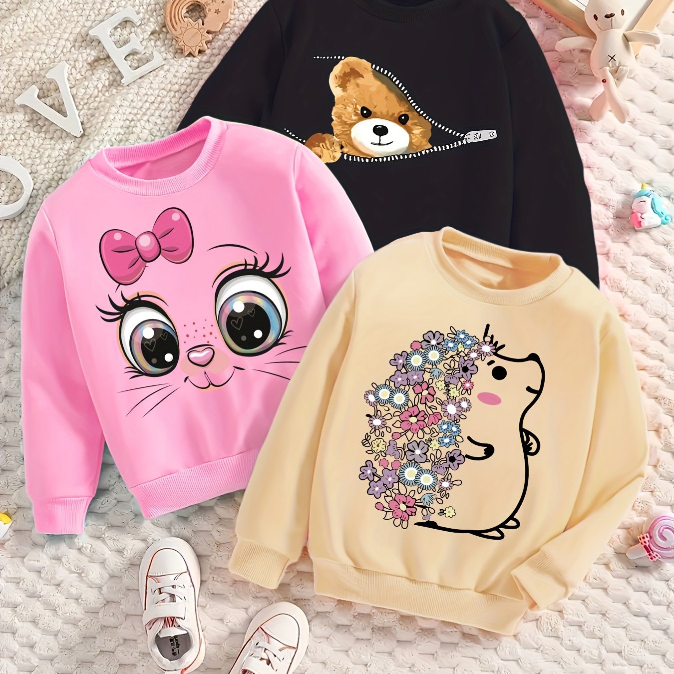 Image of Set Of ' Autumn And Winter Stylish Sweatshirts Featuring Cartoon Hedgehogs And Kittens In A Bear Series, Casual Long-sleeve Thin Pullovers