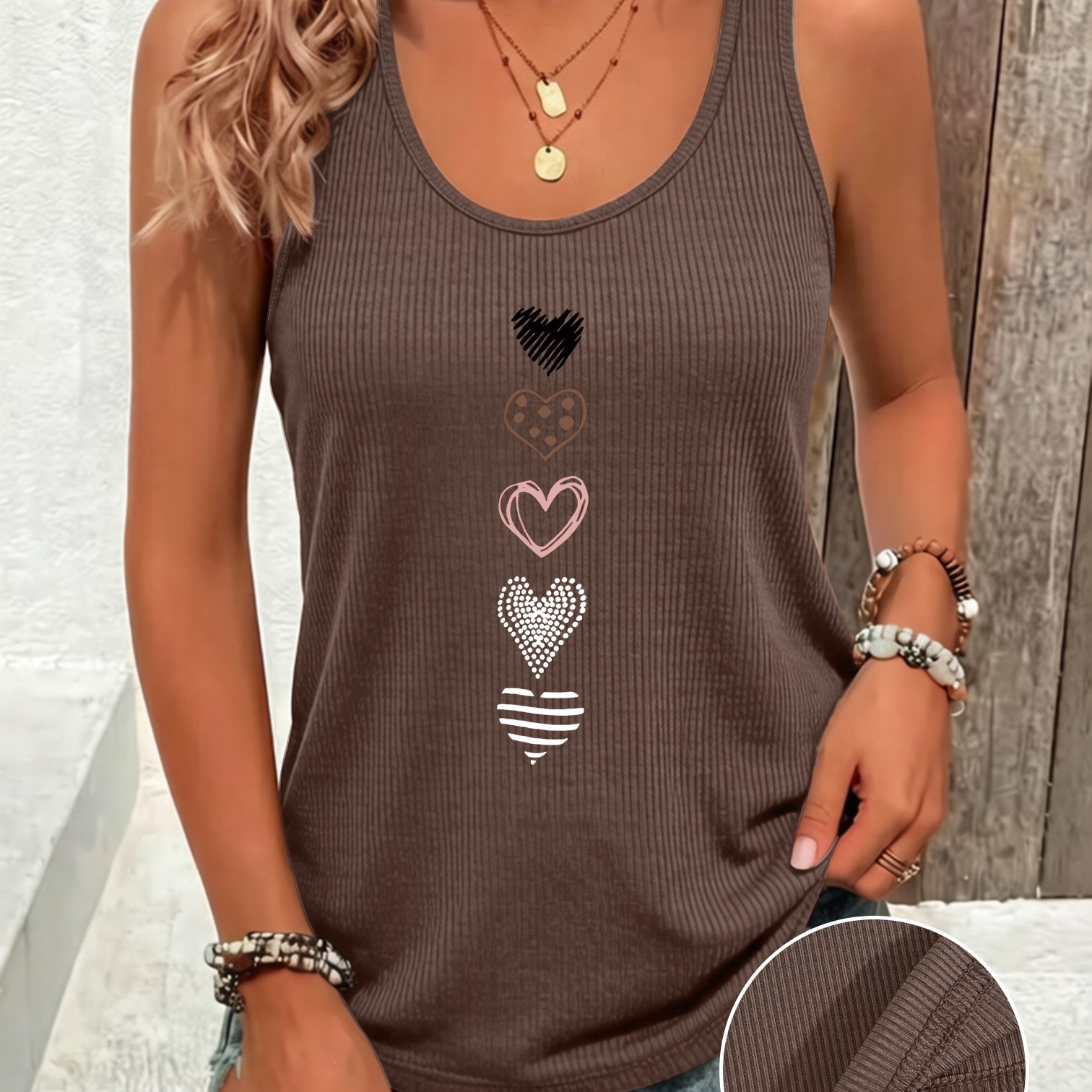 TEMU Women's Soft Breathable Sleeveless Ribbed Tank Top - Opaque Non-sheer Long Blouse With Heart Pattern, Machine Washable Suitable For Home,