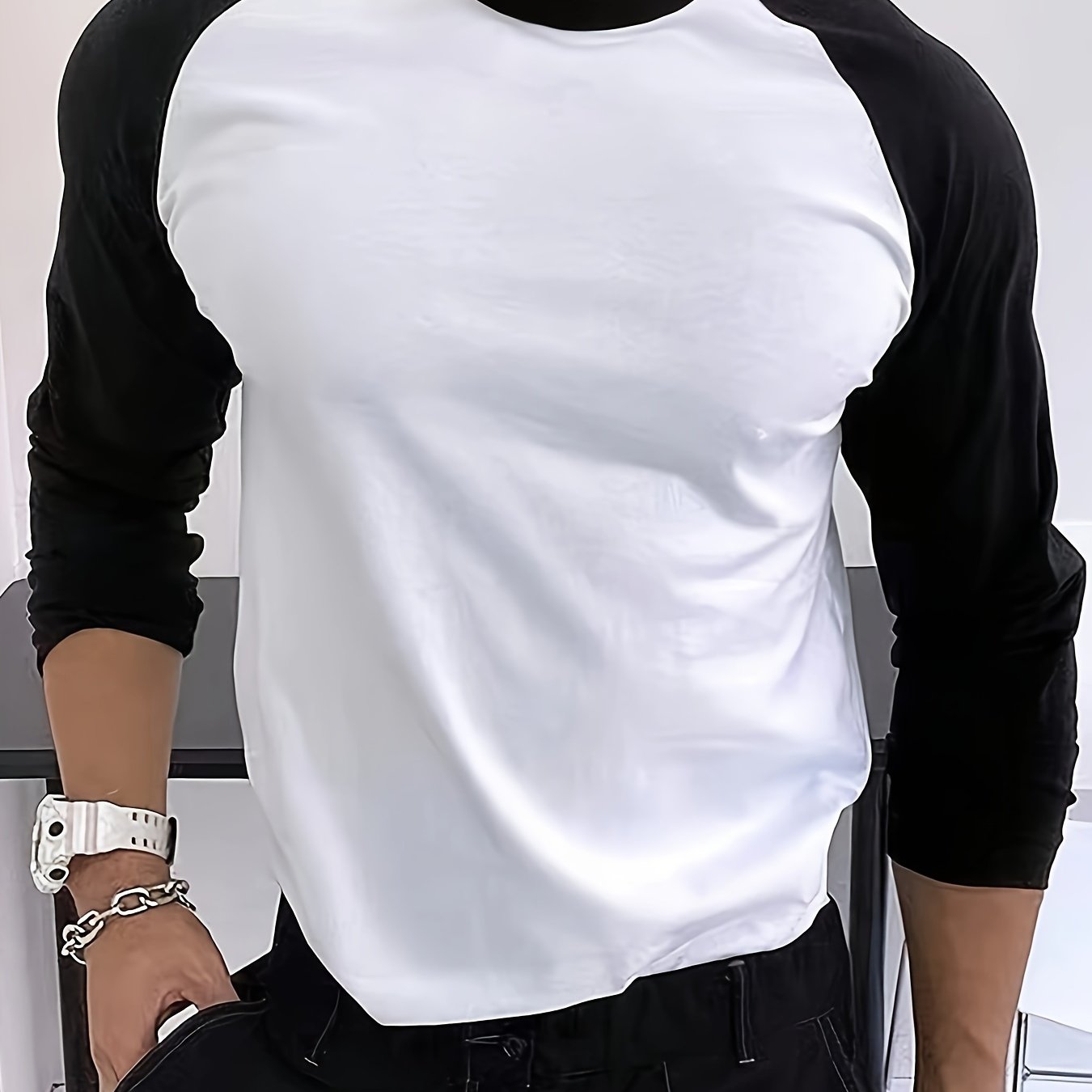 TEMU Men's Trendy Color Block Long Sleeve Crew Neck Shirt, Men's Casual Basic Tops