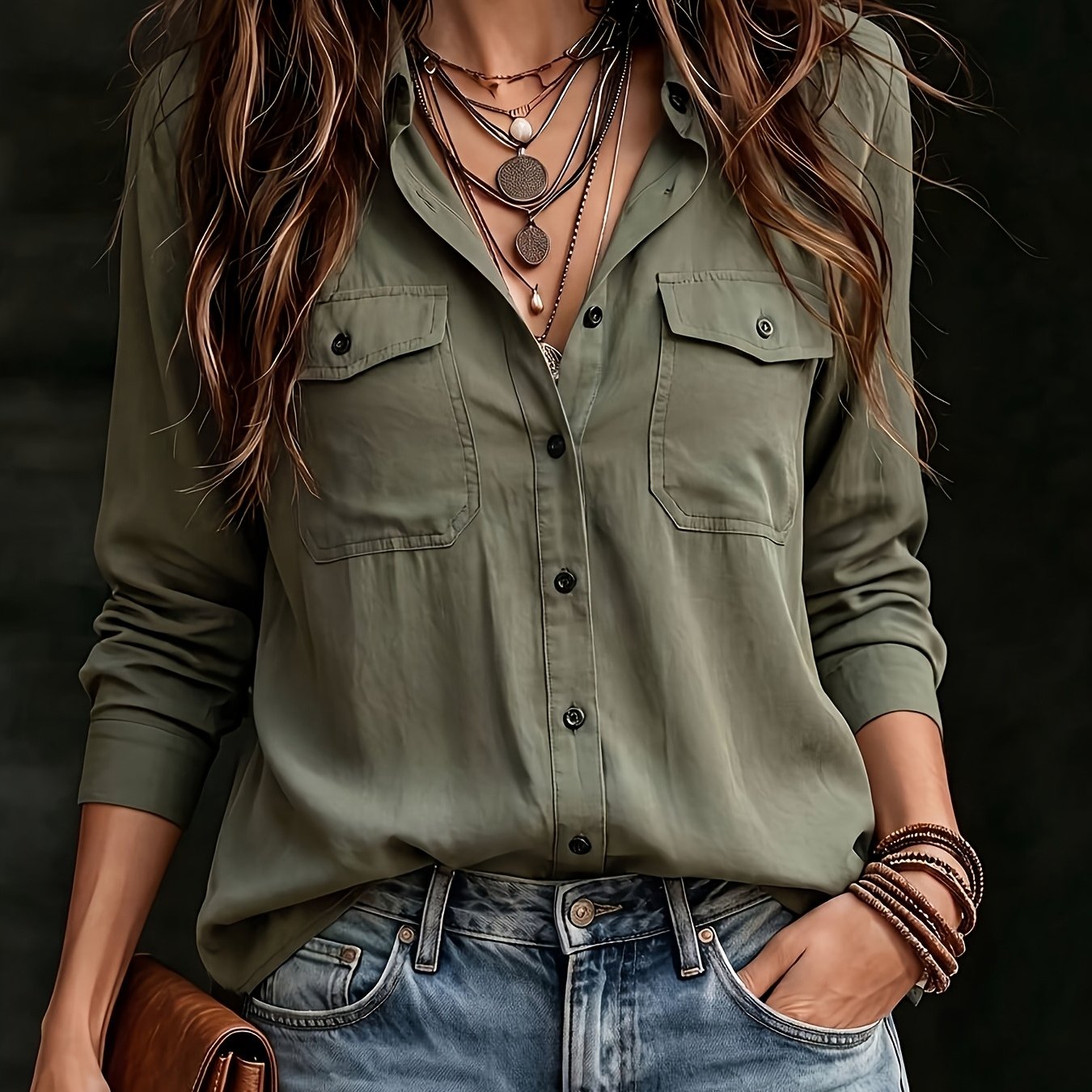 TEMU Chemise boutonnée utilitaire pour femmes, automne/hiver, poche de poitrine et de manchette, haut à manches longues, convient pour la rentrée, et
