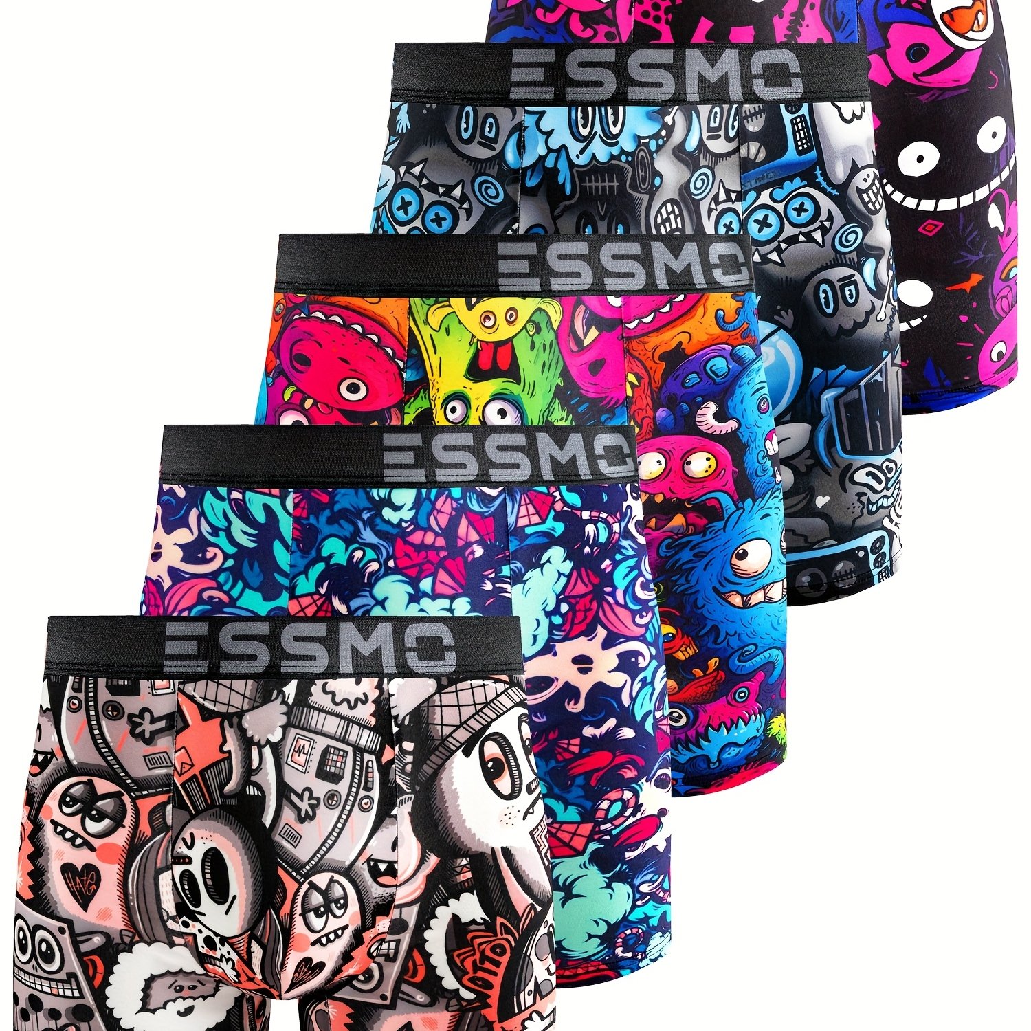 E-shop 5er-Set Herren Boxershorts - Dehnbare Unterwäsche mit auffälligen Grafikdrucken (Schädel, Herzen, Sterne, Herren Boxershorts Multipack, Herren