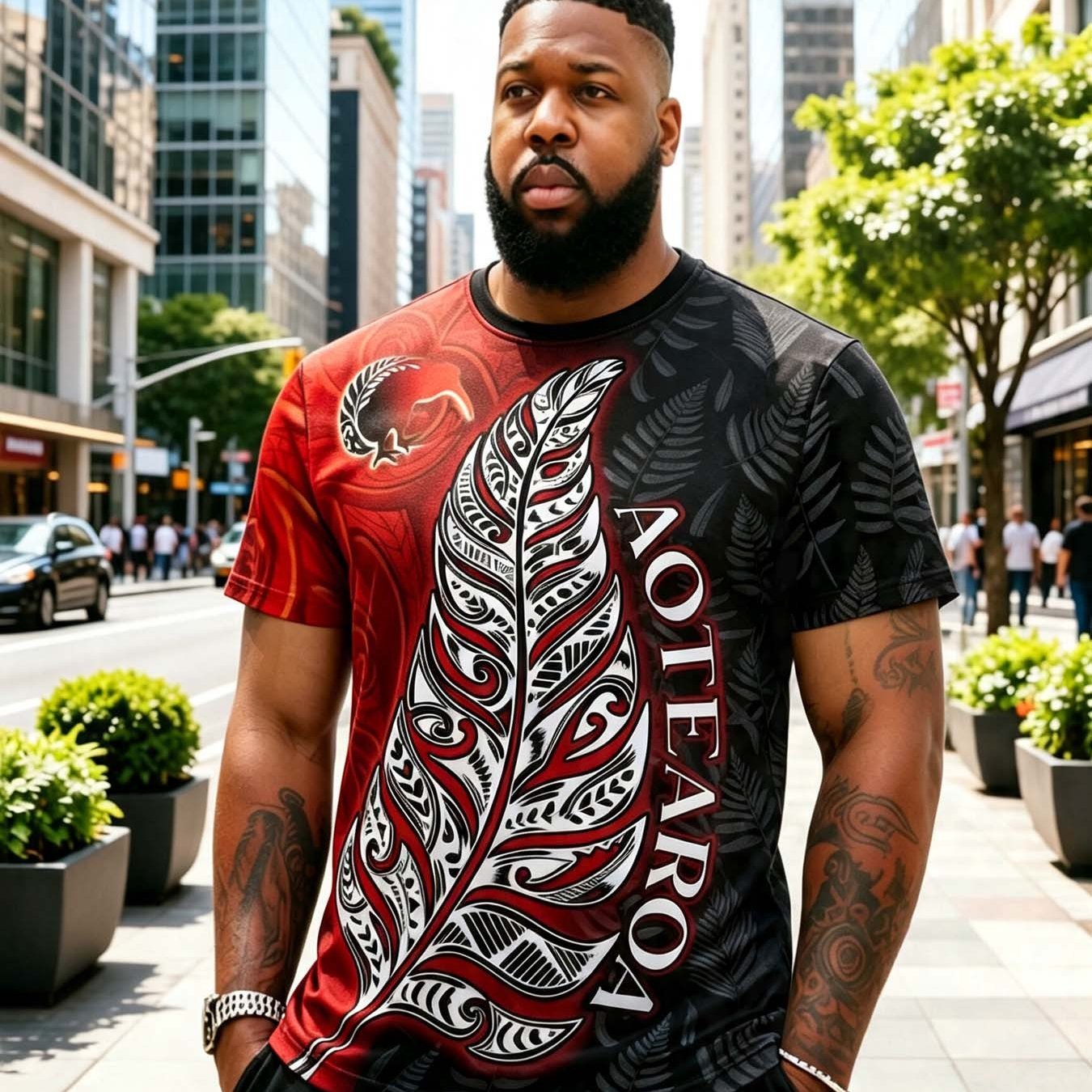 TEMU Maori Silvery Fern Style Oversized Men's Red And Black Short Sleeve T-shirt, Casual Summer Crew Neck Pullover Short Sleeve Base Layer Top,