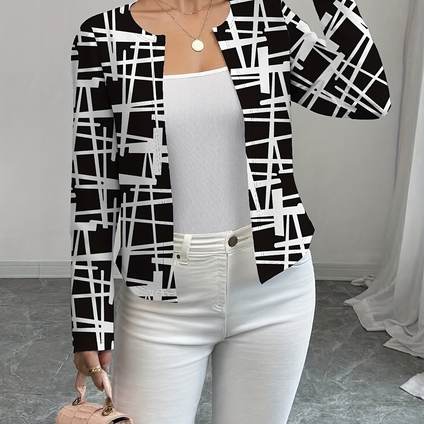 TEMU Casual Irregular Geometric Pattern 's Jacket, Suitable For Spring Autumn Women's Suit Jacket Women's Blazer Cardigan Women's Lightweight Floral