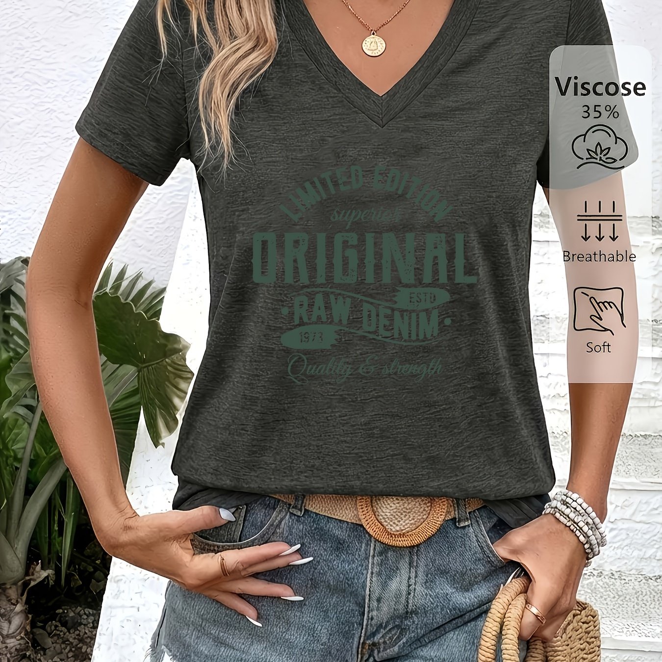 TEMU Women's Fashion Spring Summer New Women's Clothing, Retro Style, Letter Placement Print V-neck Short Sleeve, Loose Casual Top Base T-shirt,