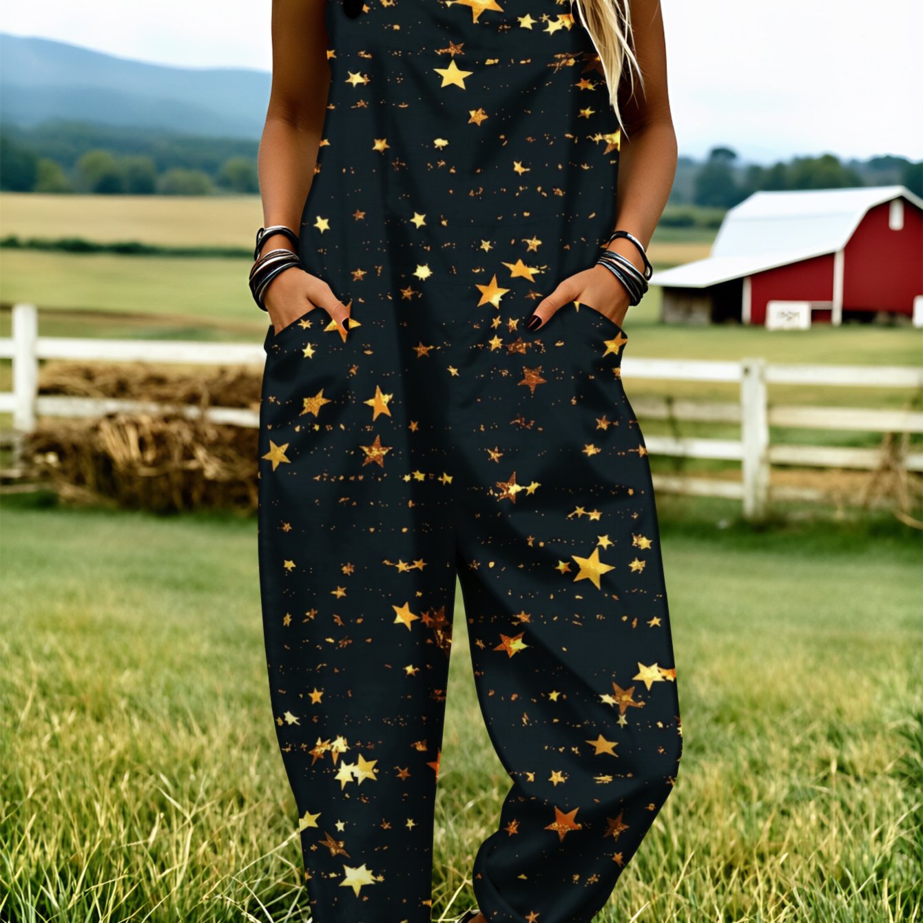 Image of Plus Size, Plus Size Women's Overalls 0xl-5xl Star Pattern Print Design Comfortable And Breathable Print Wide-leg Pants Adjustable Shoulder Straps Suitable For Spring, Summer And Autumn