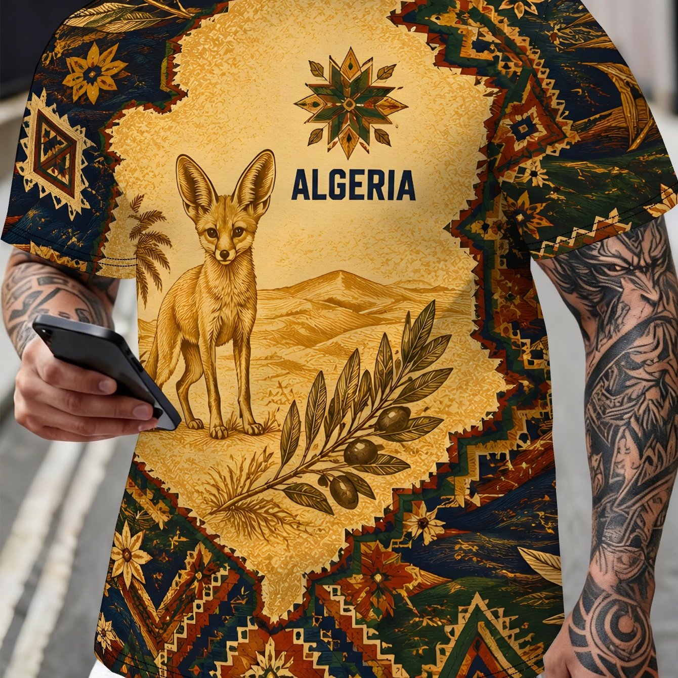 TEMU T-shirt Fennec Berber Textile Homme Décontracté Imprimé Manches Courtes, Col Rond, Confortable & Respirant, Tendance pour Plage d'Été, Vacances,