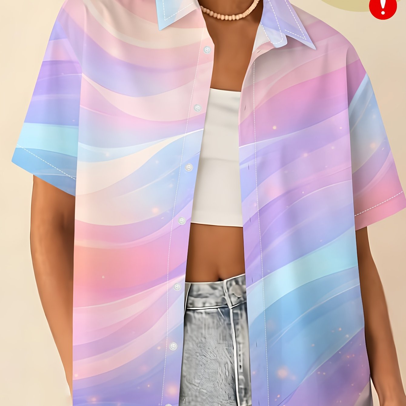 TEMU Versatile Women's Fashion Elegant Casual Colorful Printed Lapel Button Short-sleeved Shirt, Niche And Unique, Hides And , Comfortable For Daily