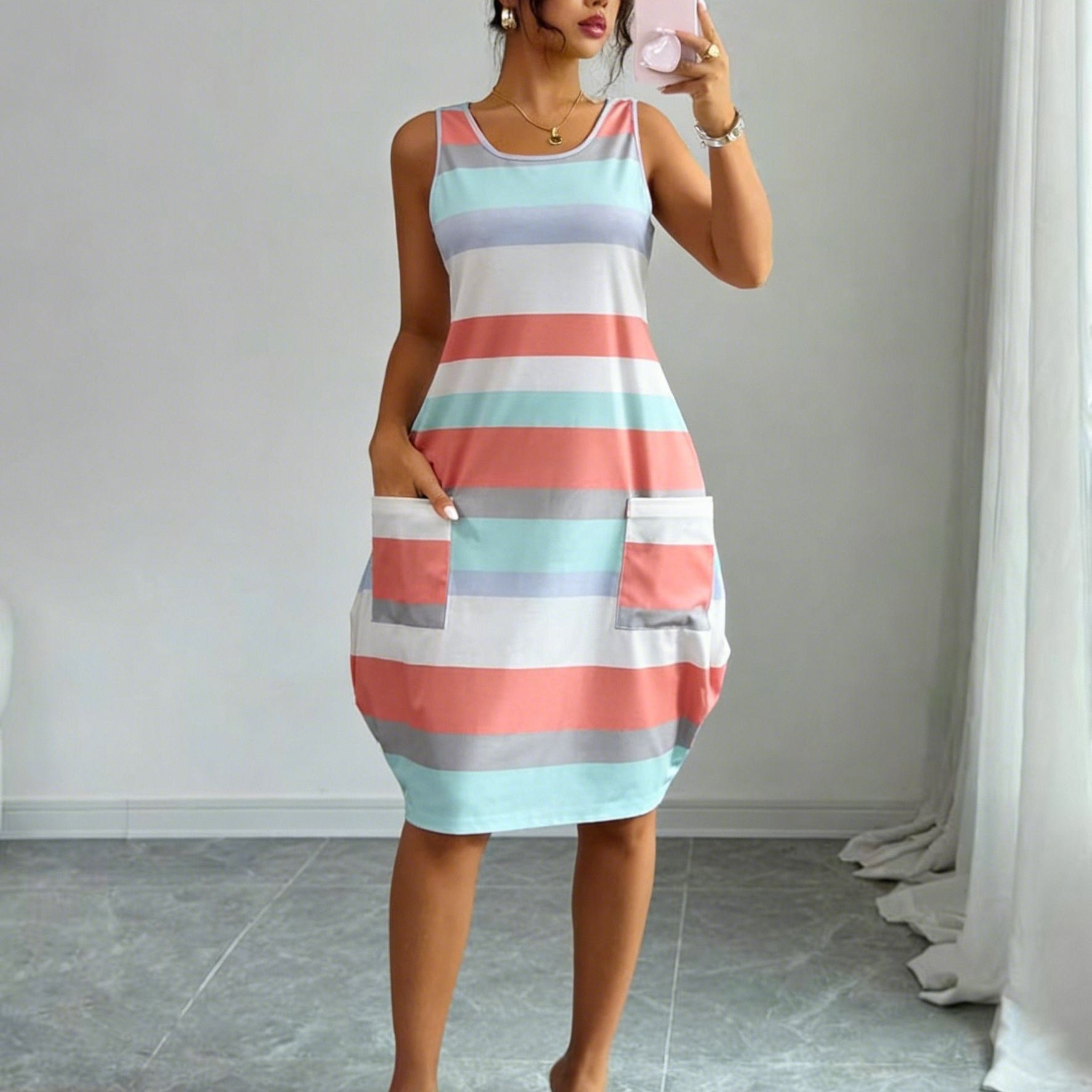 TEMU Vestido tipo chaleco a rayas estilo vacacional, vestido casual holgado y de bolsillo para mujer