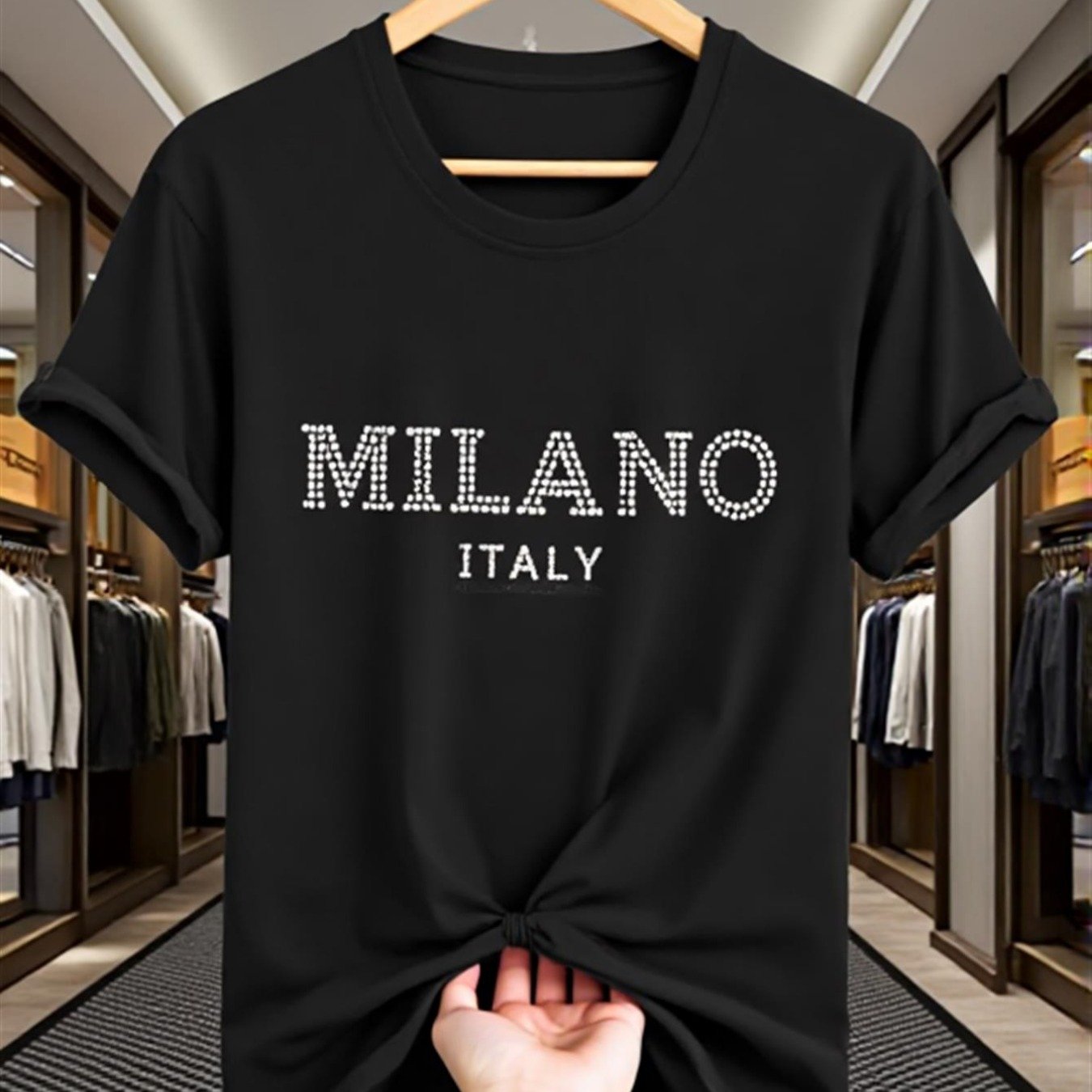 Women And Girls' Sparkling Italy Rhinestone T-shirt - Italian Lettering Print Soft Crew Neck Top, Rhinestone-themed Tee Suitable For Spring Summer Fall, Machine Washable Casual Wear For Outfits