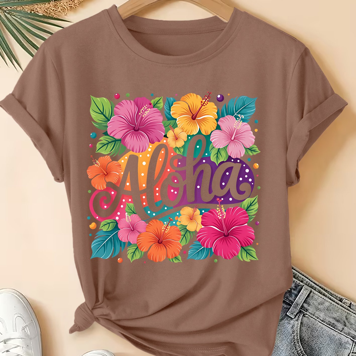 TEMU Women's Plus Size Hawaiian Hibiscus T-shirt - Tropical Aloha Blouse Short Sleeve Round Neck Top, Non- Suitable For , Vacation & Casual Attire,