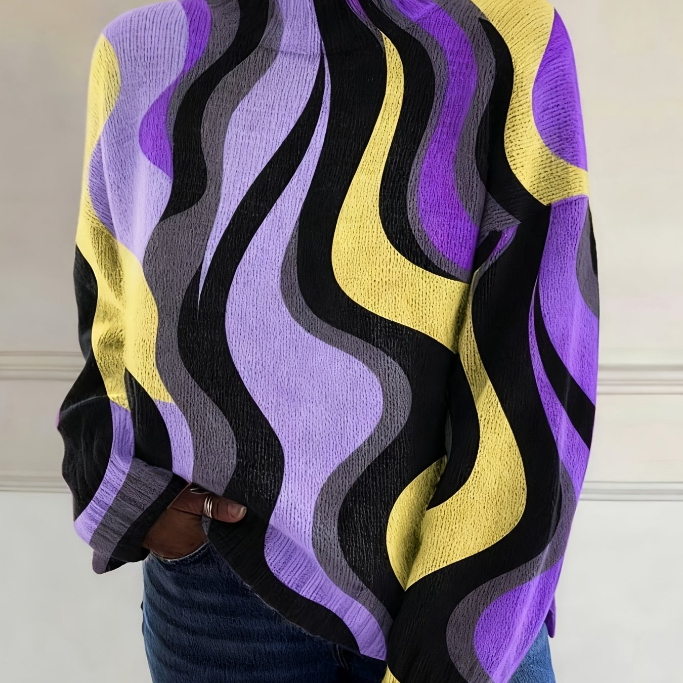 TEMU 2d Flat Pattern Autumn And New Fashionable Versatile Pullover High Collar Long-sleeved Women's Top Flower Pattern Flat Digital Printing Trendy