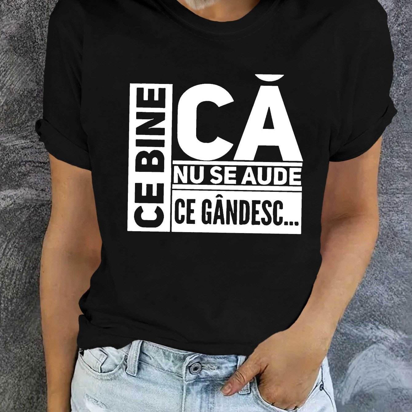 TEMU Romanian Letter Print Women's T-shirt | Short Sleeve Crew Neck Casual Top For Spring/summer, Medium Stretch Fabric