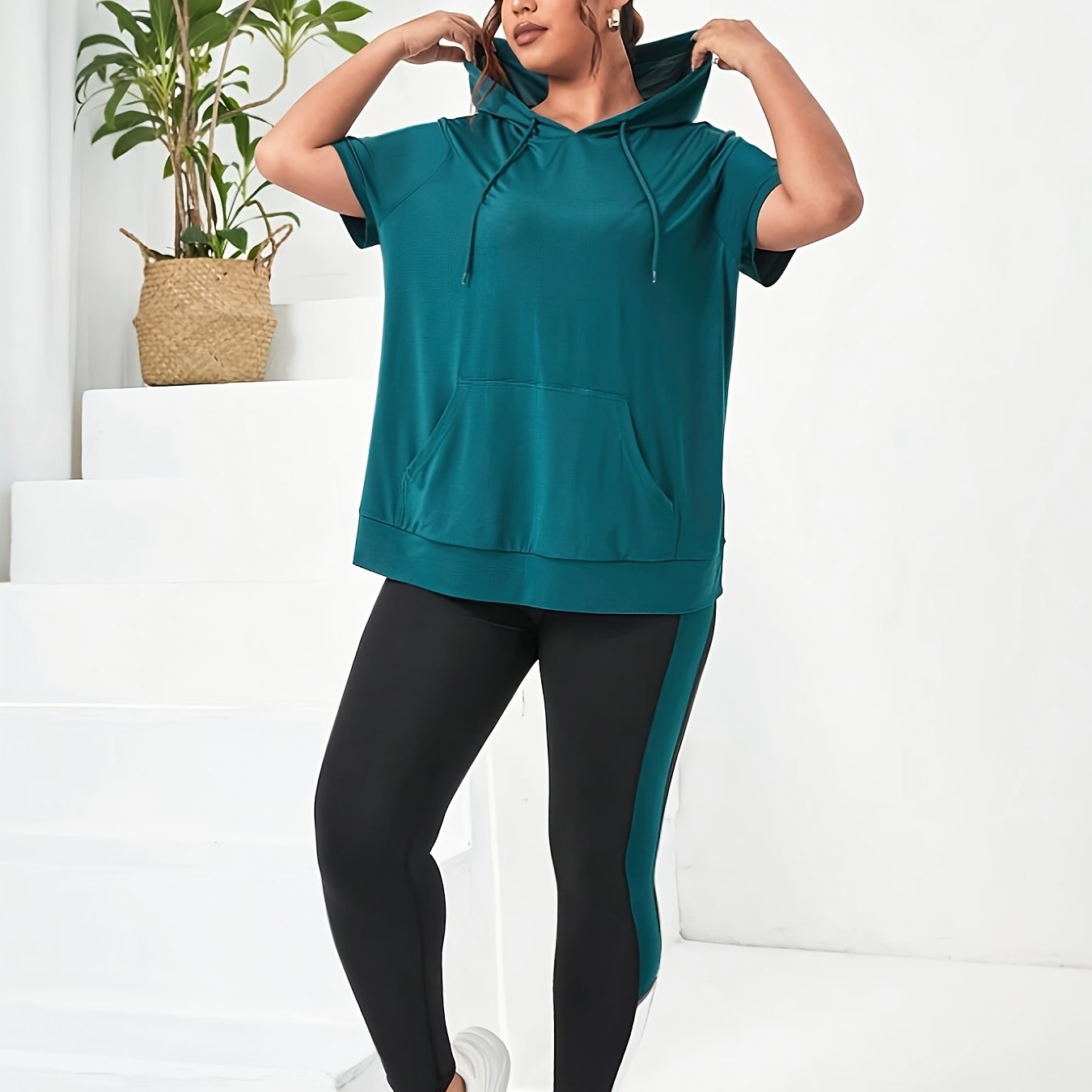 Image of 2pcs Plus Size Women's Spring/summer Casual Sportswear Set With Hooded Drawstring Short Sleeve Top + High-waisted Tight Pants For Indoor Outdoor Leisure Sports Fitness Running Workout
