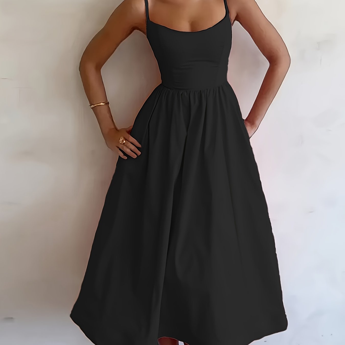Image of Women's Fashion Elegant Sleeveless Suspender Dress, Solid Color Pocket Pleated Summer Style Midi Dress