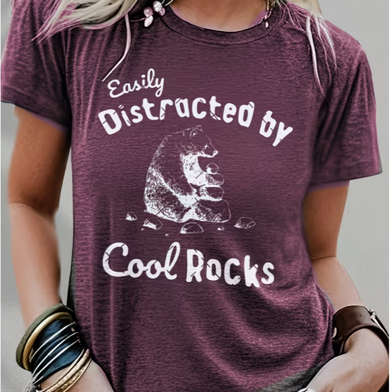 TEMU Women's " Rocks" T-shirt - Casual Short Sleeve Round Neck Blouse Style Suitable For Vacation & Travel, Breathable Machine Washable Top With
