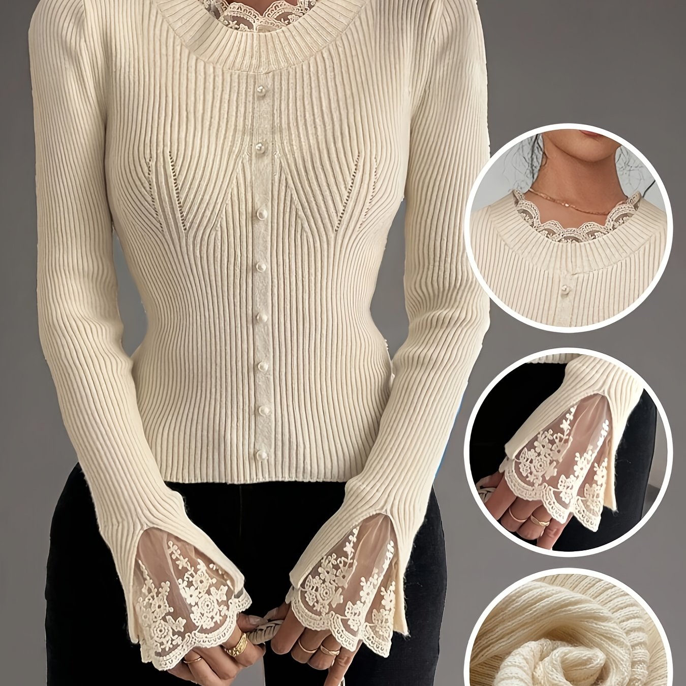 Women's Elegant Pearl-embellished Slim-fit Sweater - Round Neck Long Sleeve Pullover, Machine Washable Autumn/winter Style, Versatile From Casual To Formal, Cute Top With Lace Cuffs And Neckline