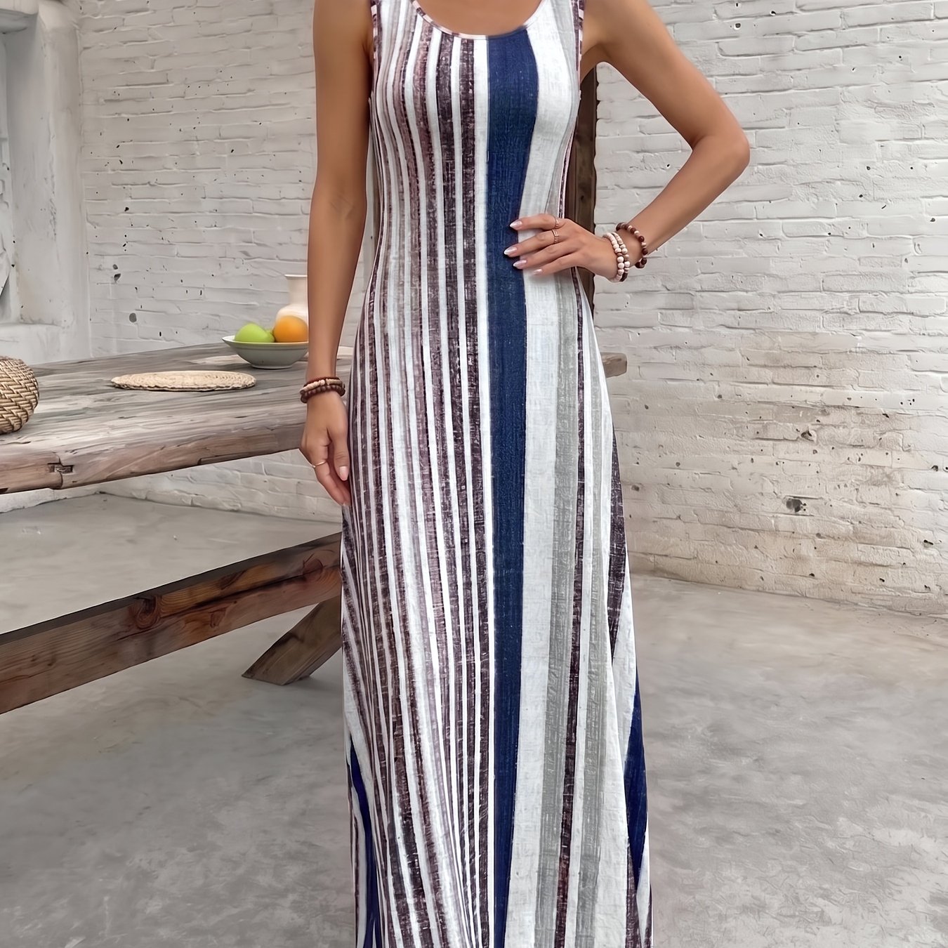 TEMU Women's Elegant Vertical Stripe Maxi Dress - Sleeveless -line -length Dress With Round Neck, Soft Blush Suitable For , Parties, Weddings |