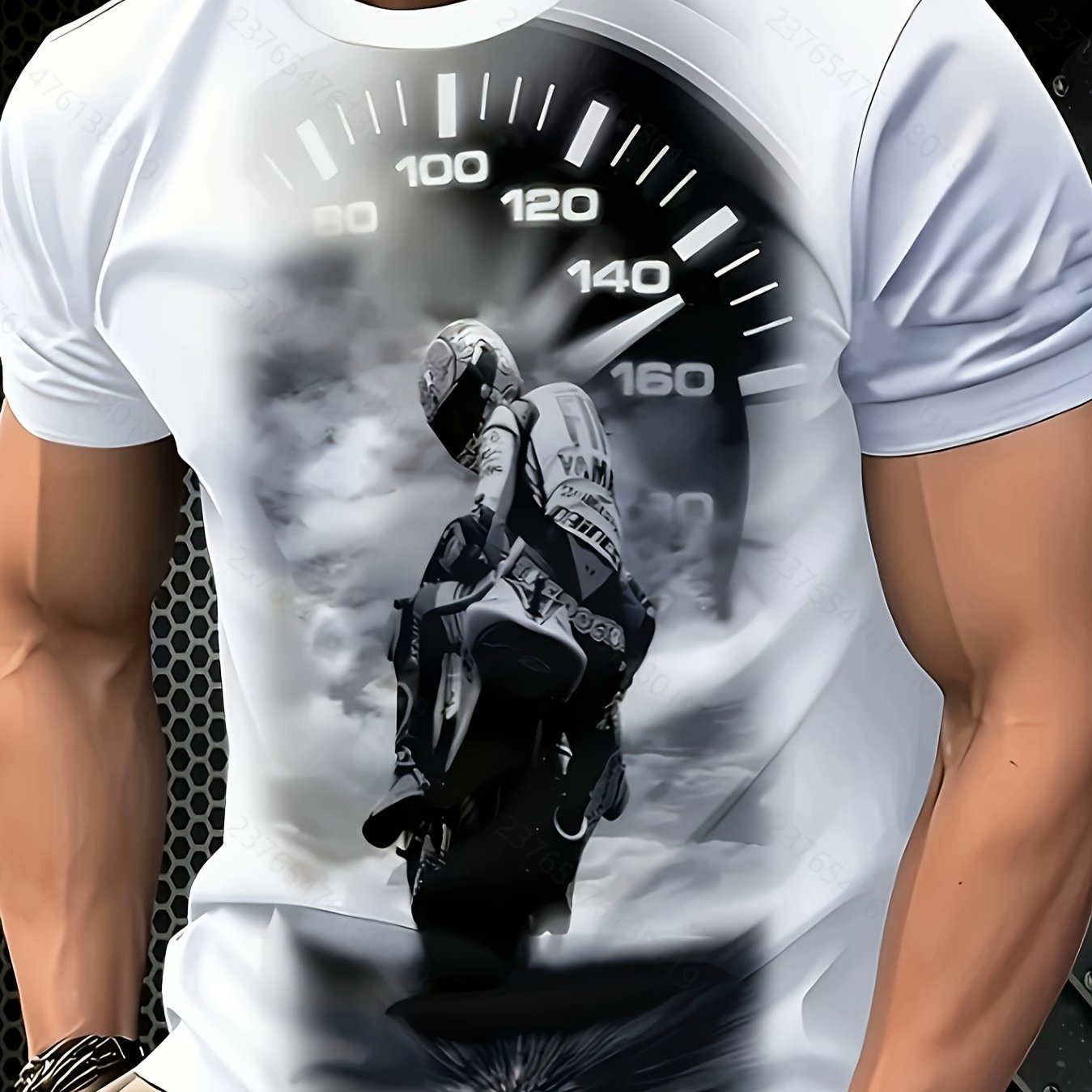 TEMU Men's Casual Crew Neck T-shirt With Motorcycle Racer And Speedometer Print, Summer Short Sleeve Sport Tee, Stretch, Regular Fit, Suitable For