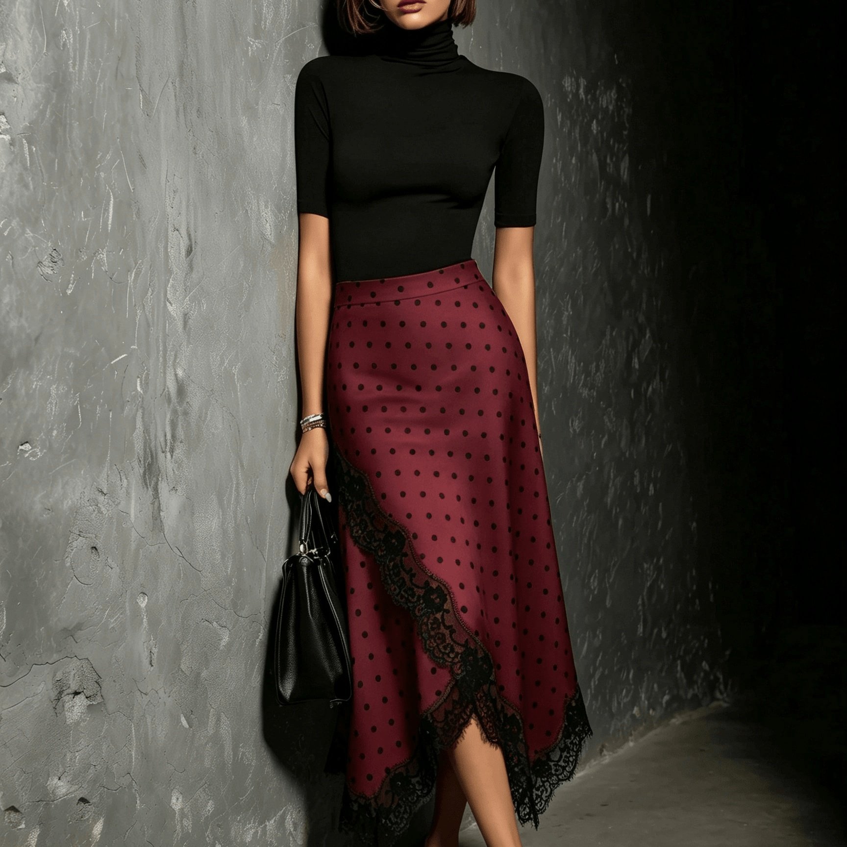 TEMU Jupe Midi Asymétrique à Pois avec Bordure en Dentelle