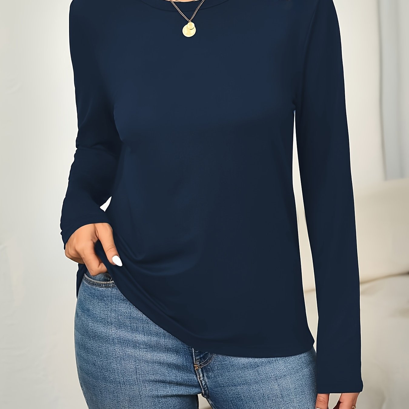 TEMU Women's Round Neck Long Sleeve T-shirt - Solid Color Pullover - Soft, Comfortable, And Versatile - Loose Fit - Machine Washable - - Suitable For