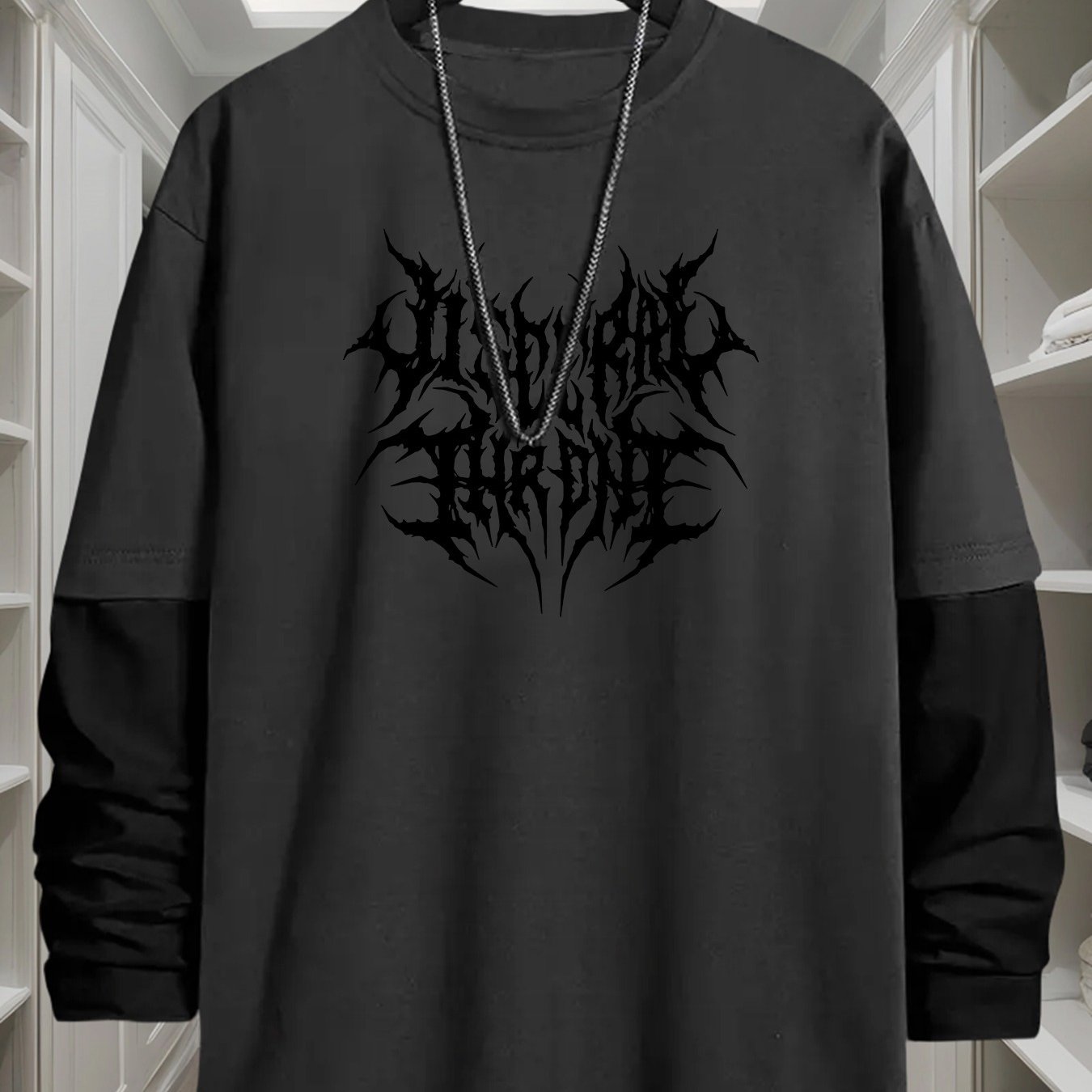 TEMU 349 Gothic Style Print Pattern 2-in-1 Look Long Sleeve T-shirt Men's Comfortable Streetwear Trendy Fashion Top