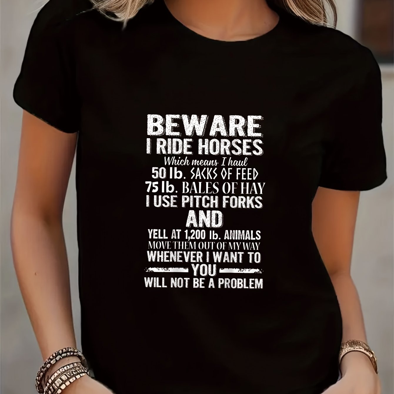 TEMU Horse Pattern Printed T-shirt, Round Neck Shirt, Casual Fabric, Regular Length, Women's Style, Suitable