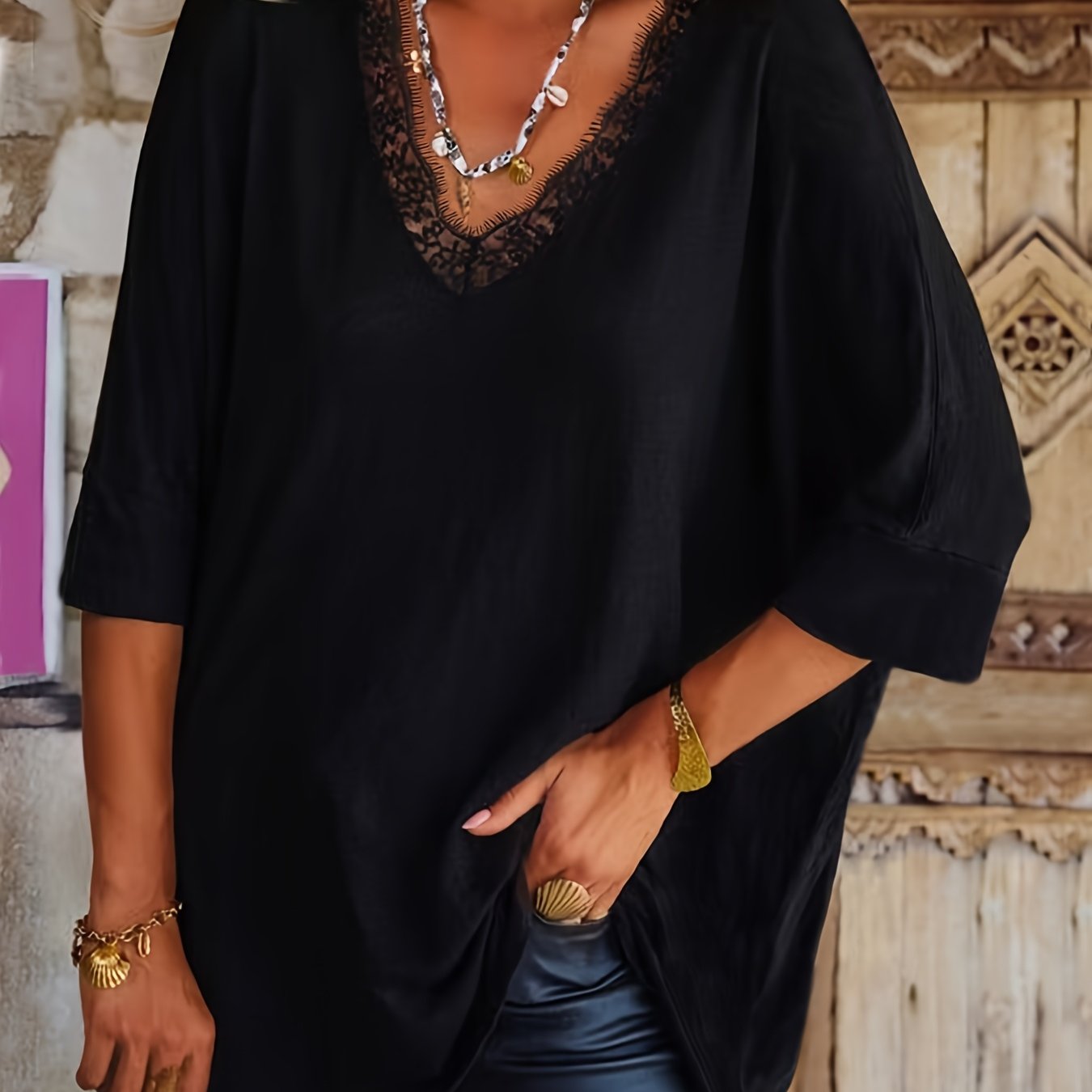 Plus Size - Plus Size - Lace V-neck Fashion Batwing Shirt