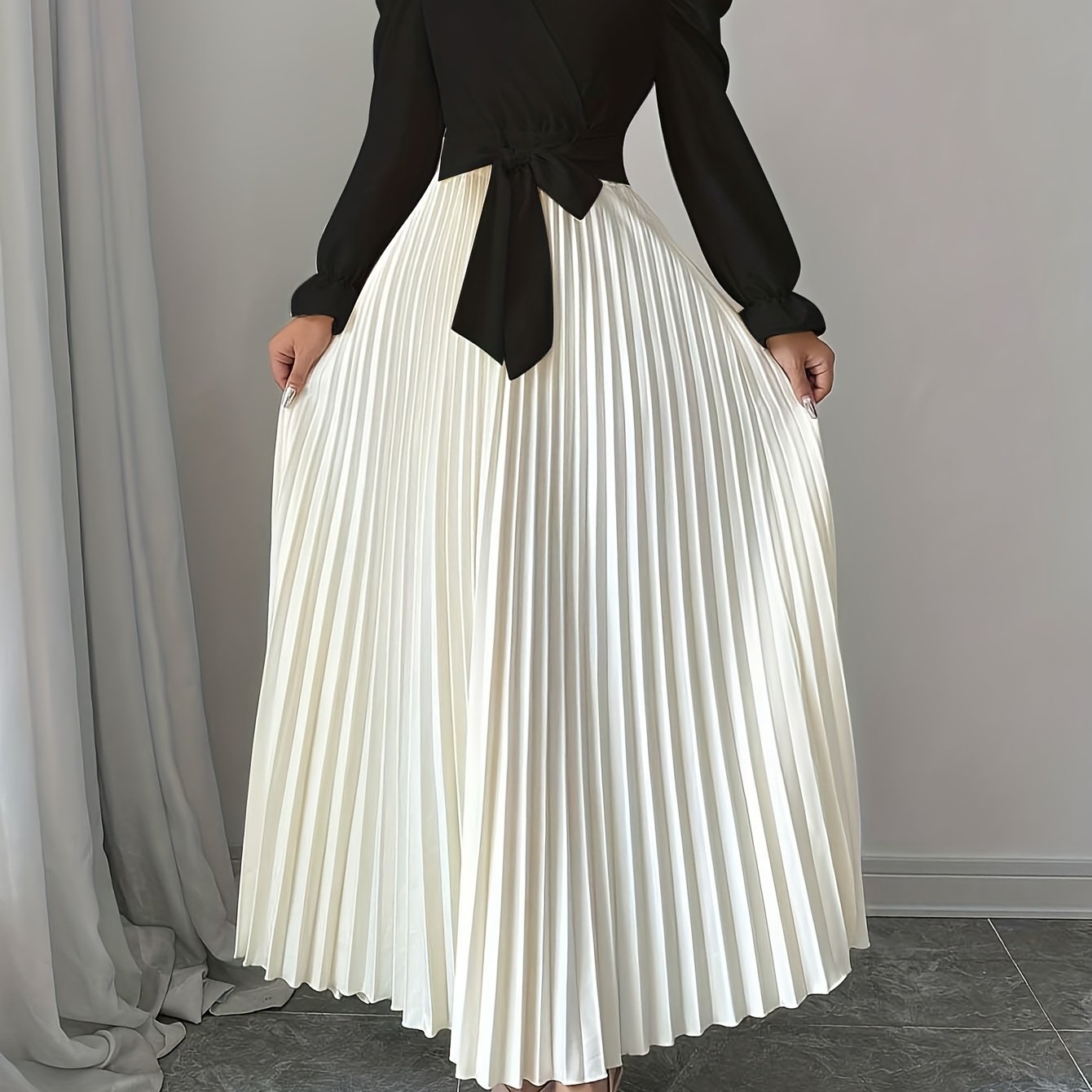 TEMU Elegant Pleated Long Dress With V-neck And Tie Waist - Long Sleeves, Solid Color, Machine Washable - For Autumn