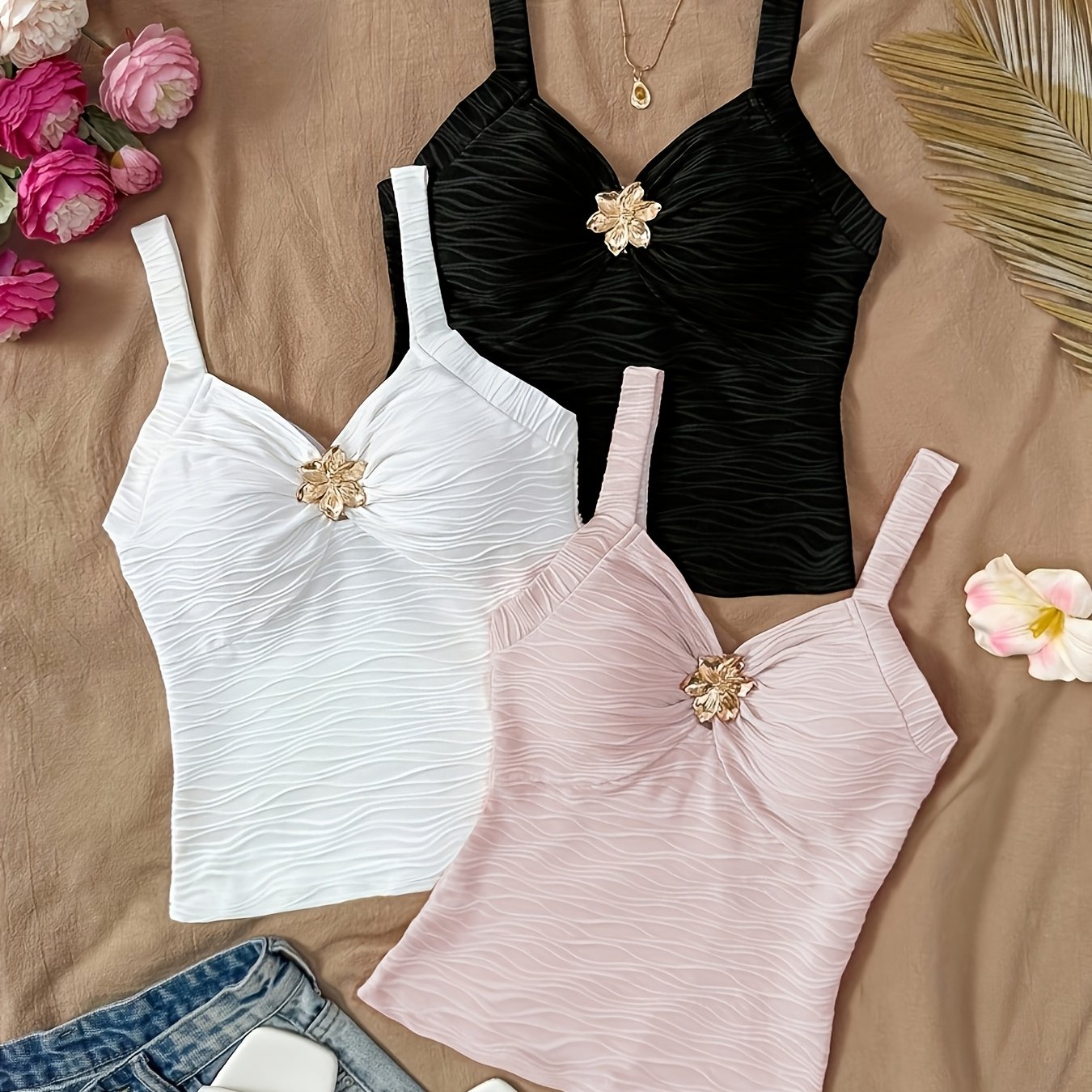 TEMU Spring/summer 2026 Women's 3pcs Set Of 3d Floral Embellished Wavy Texture Cami Tops, Sweet Spicy Style V-neck Sleeveless Short Fashion Top