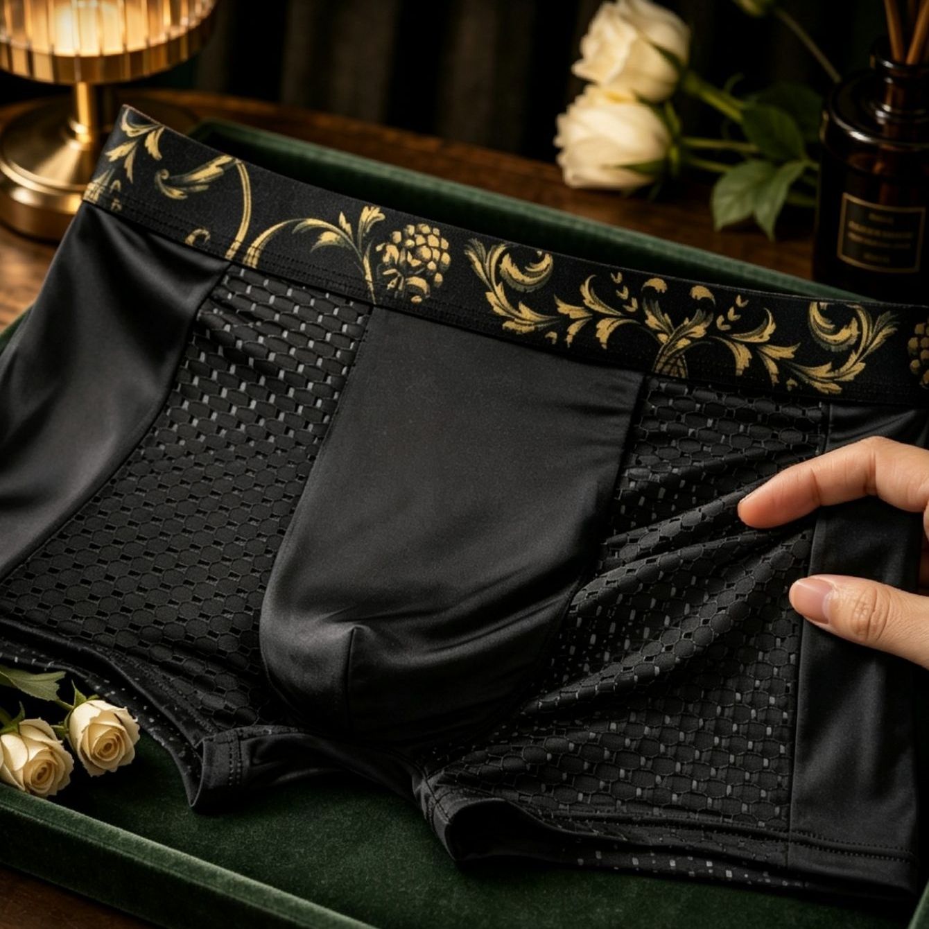 TEMU Men's Luxury Boxer Briefs 1pc Black-golden Pattern Waistband, Breathable Mesh Underpants, Comfortable Shorts For Daily & Casual Use