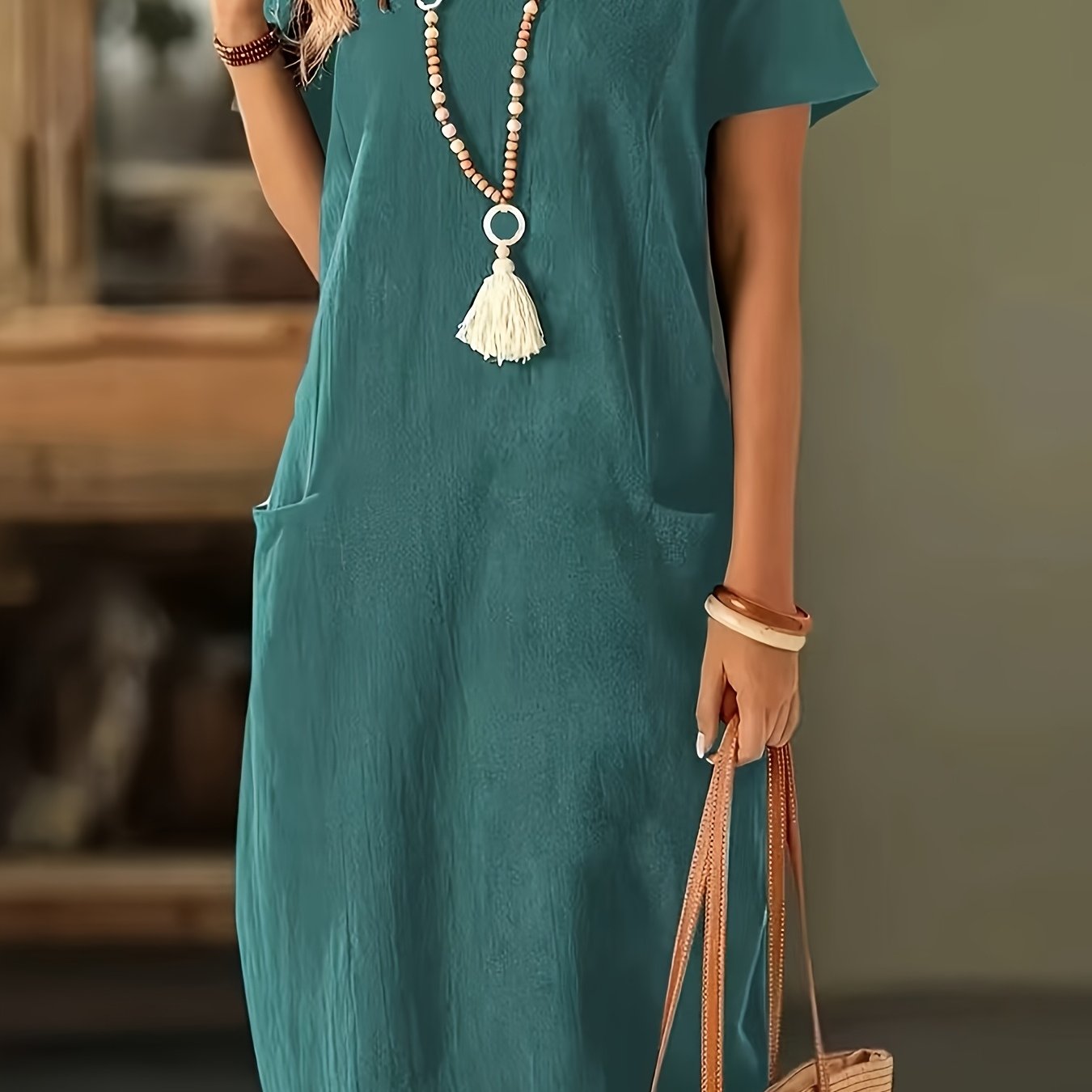 A Stylish And Elegant Women's Short-sleeve T-shirt Dress With A Round Neck, , Loose Fit, Versatile, And Breathable In Solid Colors