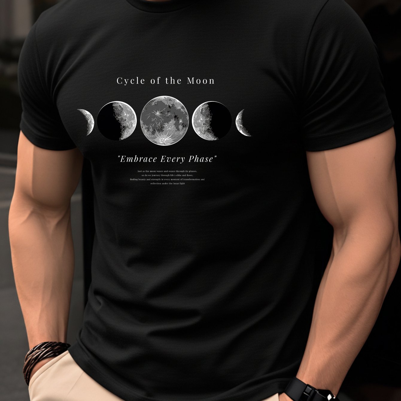 Image of 100% Cotton Men's T-shirt, Summer Short Sleeve Slim , Trendy Versatile Casual Daily Youth Base Shirt With Moon Cycle Pattern Print Design Featuring Starry Sky Elements Cotton Printed Shirts