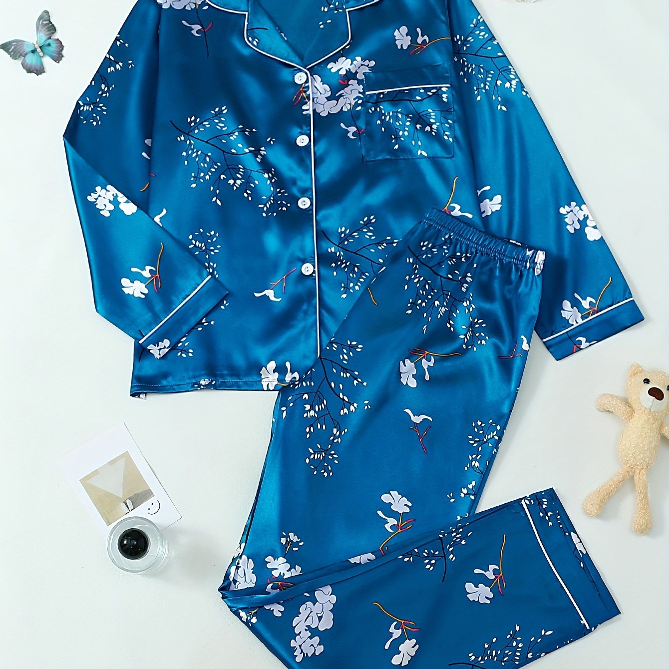 E-shop Damensatz aus Satin für alle Jahreszeiten, lässiges Pyjama-Set mit Revers und langen Ärmeln sowie elastischem Bund – 2-teiliges Set
