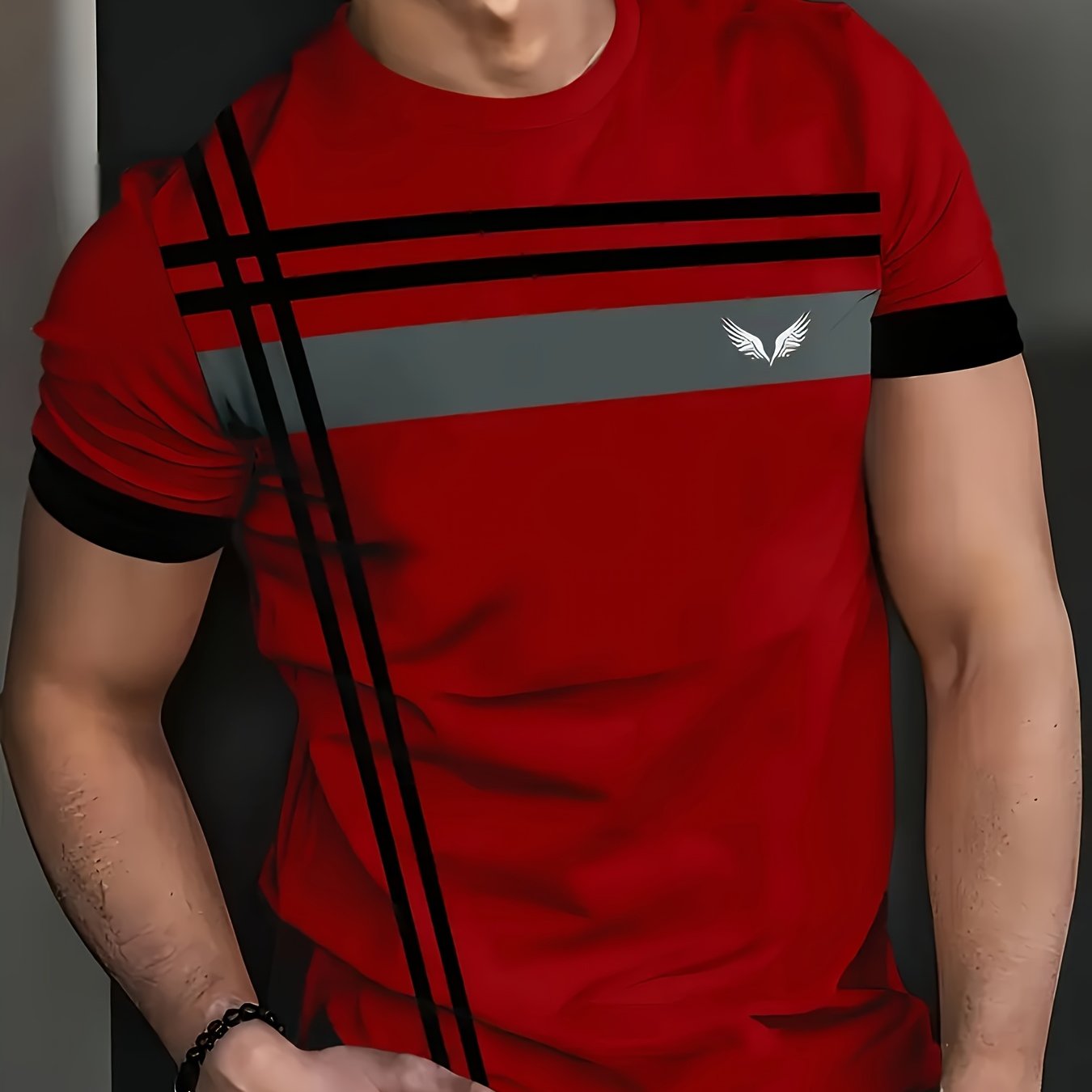 TEMU Men's Casual Sports Print T-shirt - Round Neck, Short Sleeve, Polyester Blend, Machine Washable - Perfect For Summer And Casual Wear, Striped