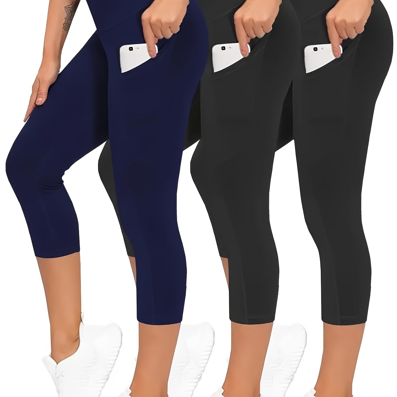 Women's Capri Leggings, Solid Pocket Stretchy Capri Leggings