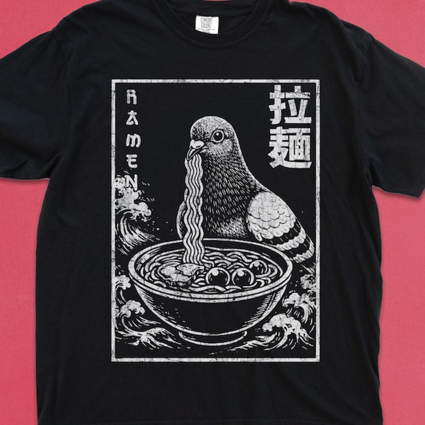 Ramen Pigeon T-shirt | Japanese Noodles Kawaii Anime , Casual Crew Neck, Stretch Fabric, Regular Fit For Men