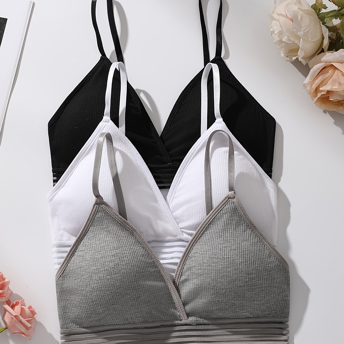 TEMU 3pcs Women's Ribbed Triangle Cup Wire-free Camisole Bras