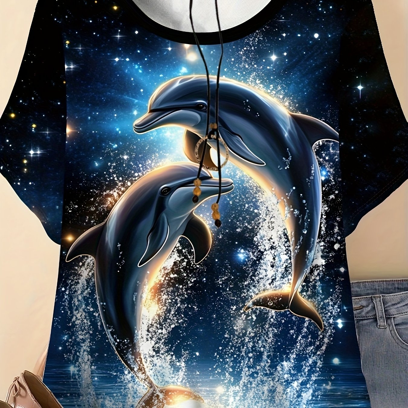 Image of Plus Size - Plus Size - A Women's Round-neck Top Featuring Whimsical Dolphin And Starry Sky Prints, This Comfortable Casual T-shirt Is Perfect For Spring And Summer Wear