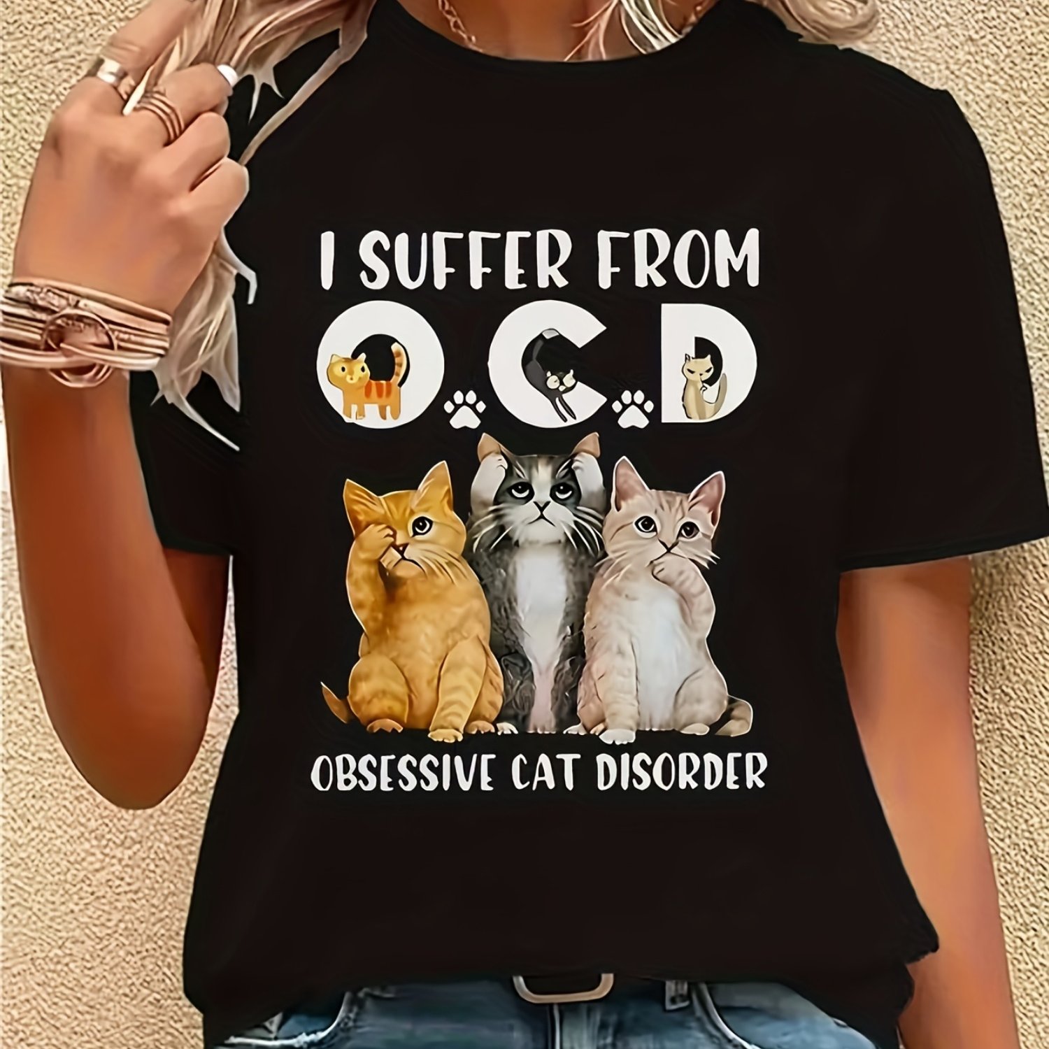 TEMU Women's Cat Lover T-shirt - Humorous Print Of Orange Ocd And , Stretchy Casual Top - Perfect Gift For Female Cat Owners