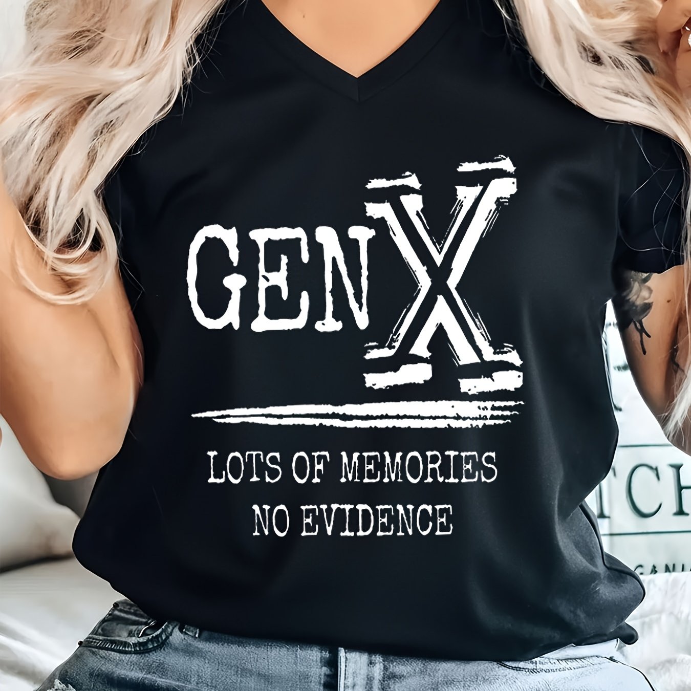 TEMU Plus Size - Plus Size - Plus Size V Neck T Shirt Women Memories Distressed Grunge Loose Fit Casual Summer Athleisure Everyday Comfy