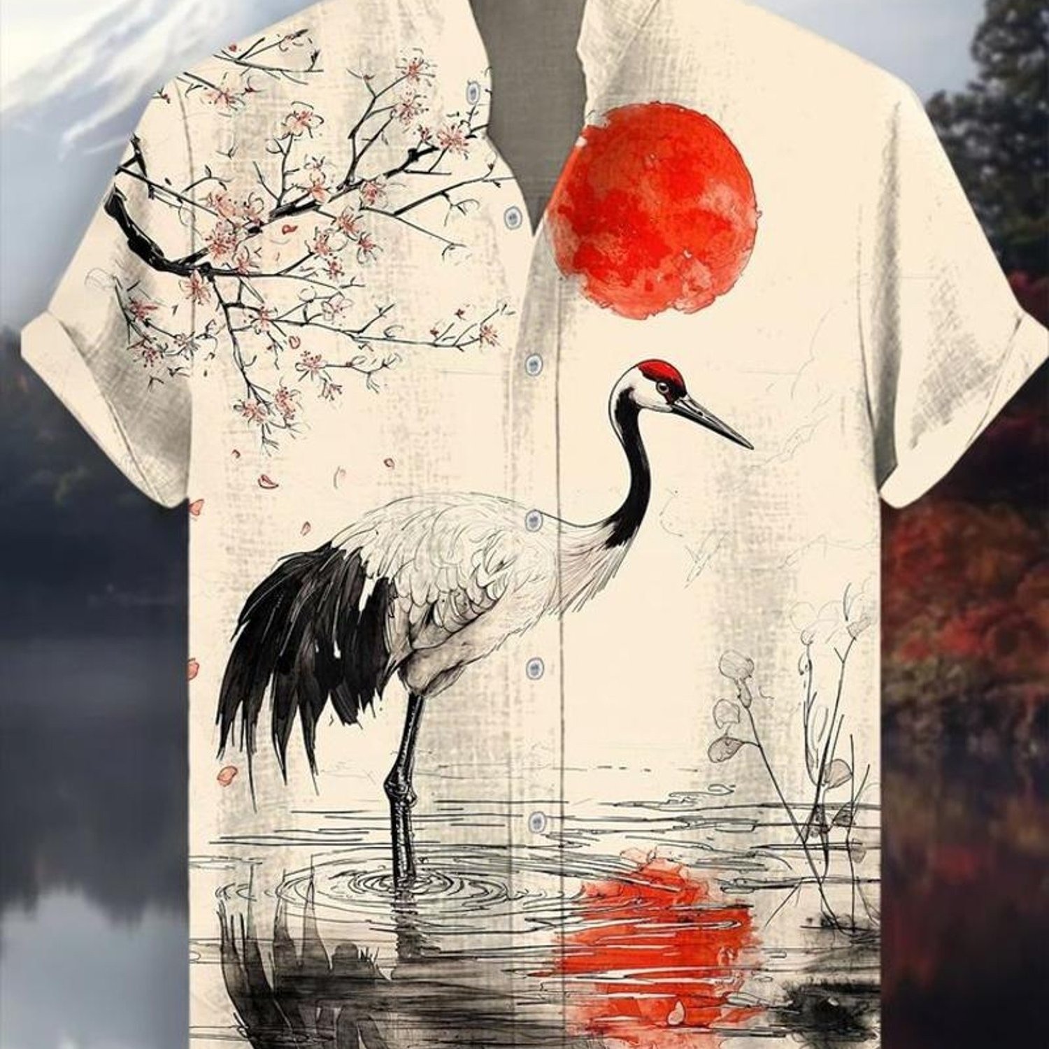 Image of Men's Button-up Short-sleeve Shirt, East Asian Art Print (crane And Blossoms), Stand-collar With Pockets, Polyester Fabric, Casual Daily Wear, Mixed Colors, Multiple Specifications