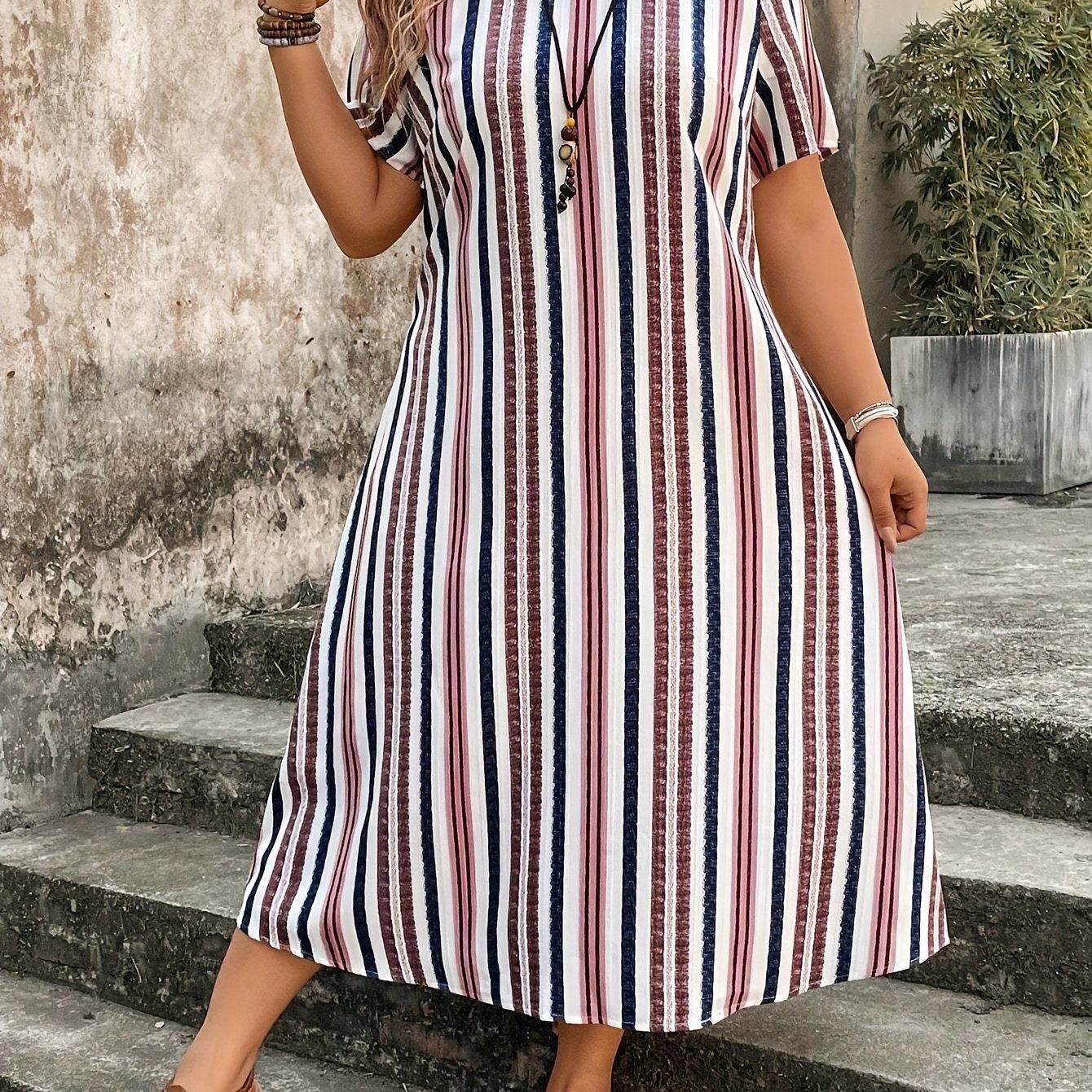 TEMU Plus Size, Plus Size Women's Casual Simple Elegant Striped Print Round Neck Short Sleeve Midi Dress