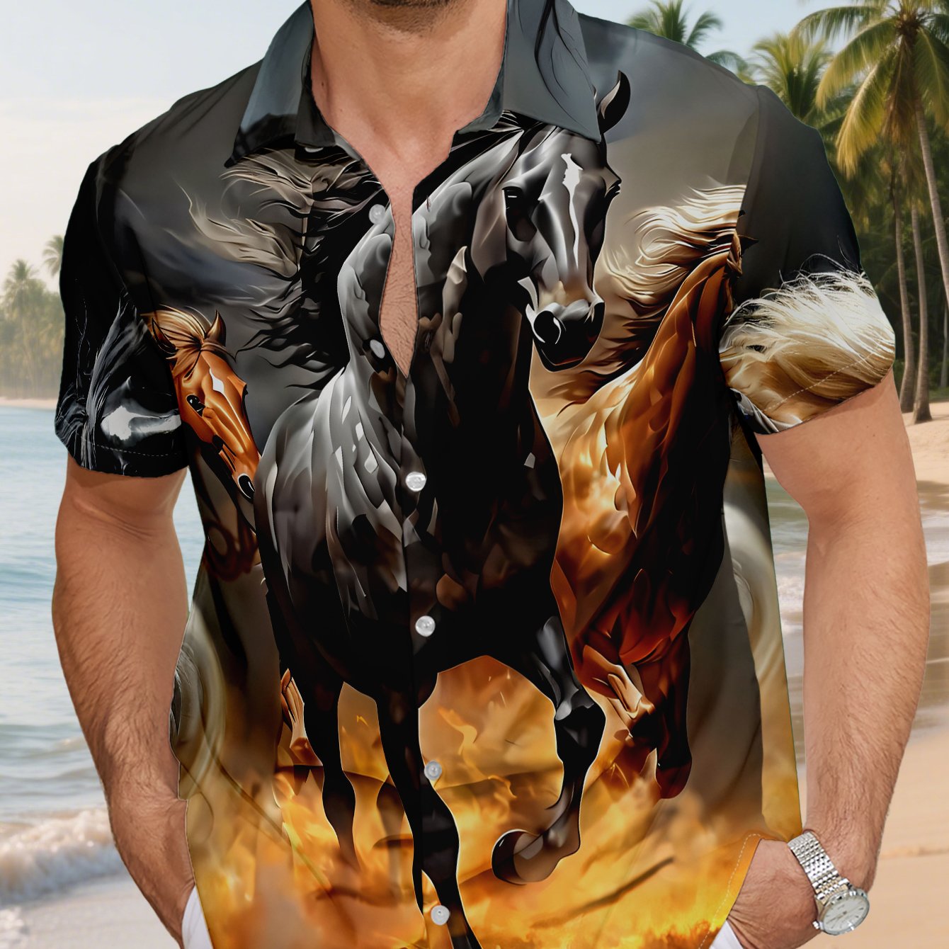 TEMU Men's Printed Short-sleeve Shirt: Multiple Charging Through Firelight And Smoke, With And Tails Flying - Four-season Travel, Vibrant Color