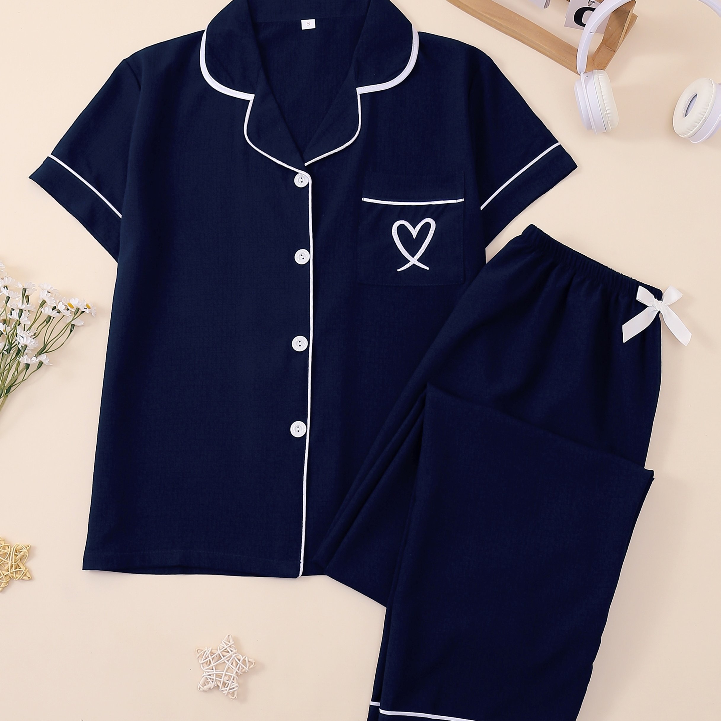E-shop Damen 2-teiliges tiefschwarzes -Pyjama-Set, Kurzarm-Cardigan und mit elastischem Bund, bequeme Nachtwäsche und lässige Loungewear für Frühling,