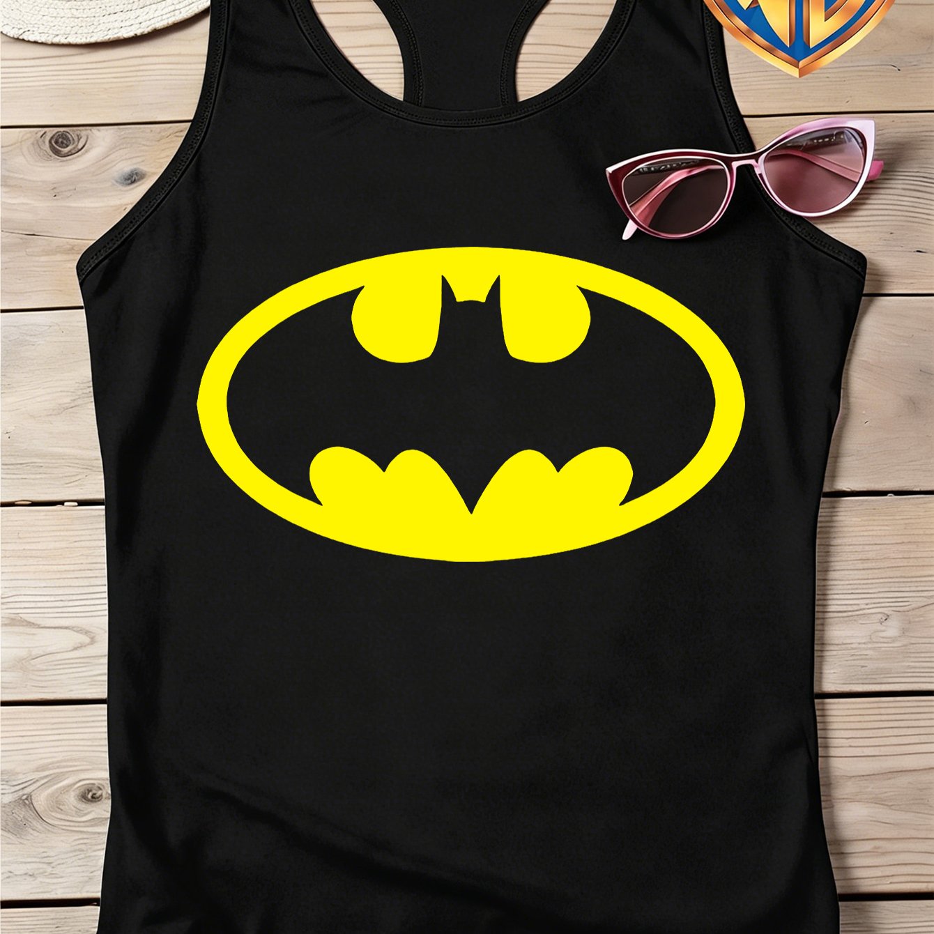 TEMU Wb Women's Batman -back Tank Top - Warner Licensed Summer Sleeveless Shirt With Iconic Bat Emblem Print, Round Neck Casual Vest Suitable For