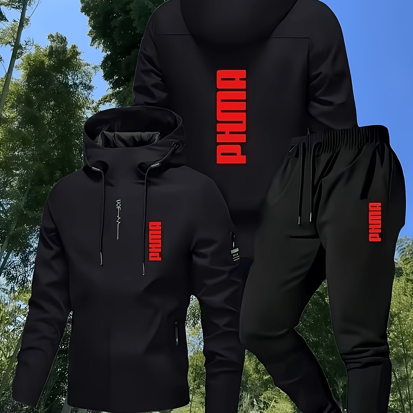 TEMU 2pcs Men's Lightweight Windproof Hooded Zip-up Jacket With Slim-fit Jogger Pants Set, Drawstring Multi-pocket Red Letter Print American