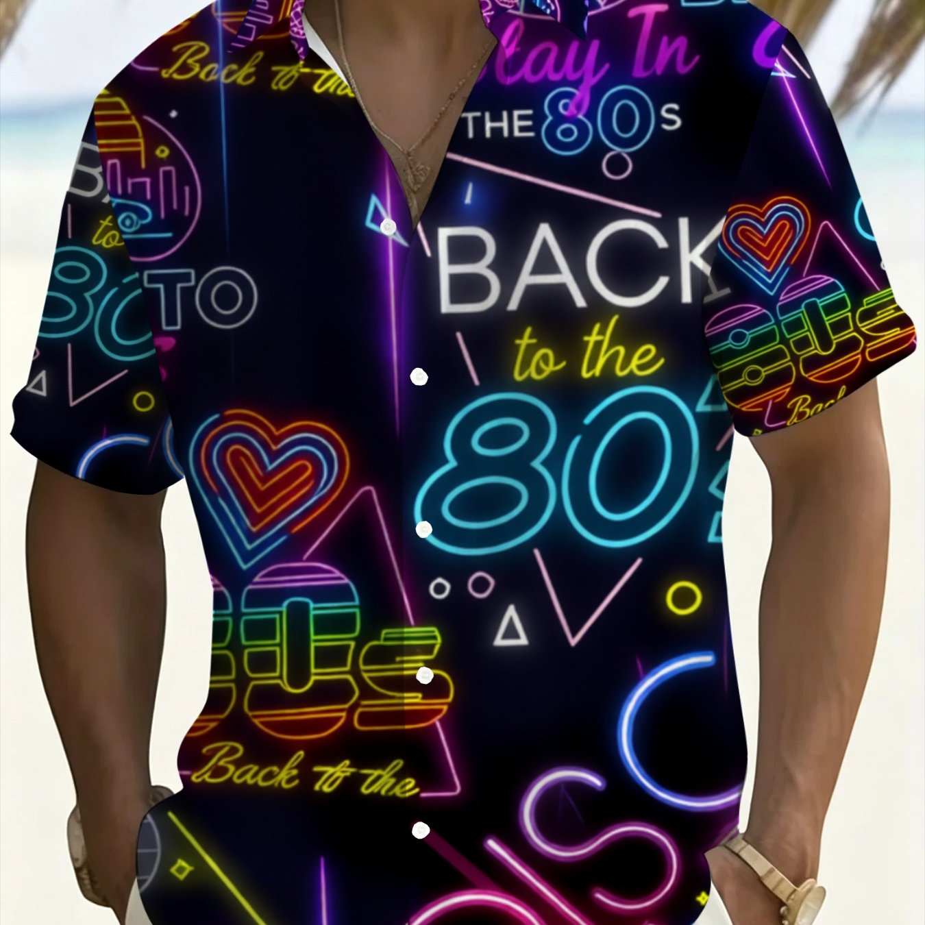 TEMU Style Hawaiian Shirt Men's 80s Trendy Print Short Sleeve Vacation Top, Colorful Geometric , Plus Size