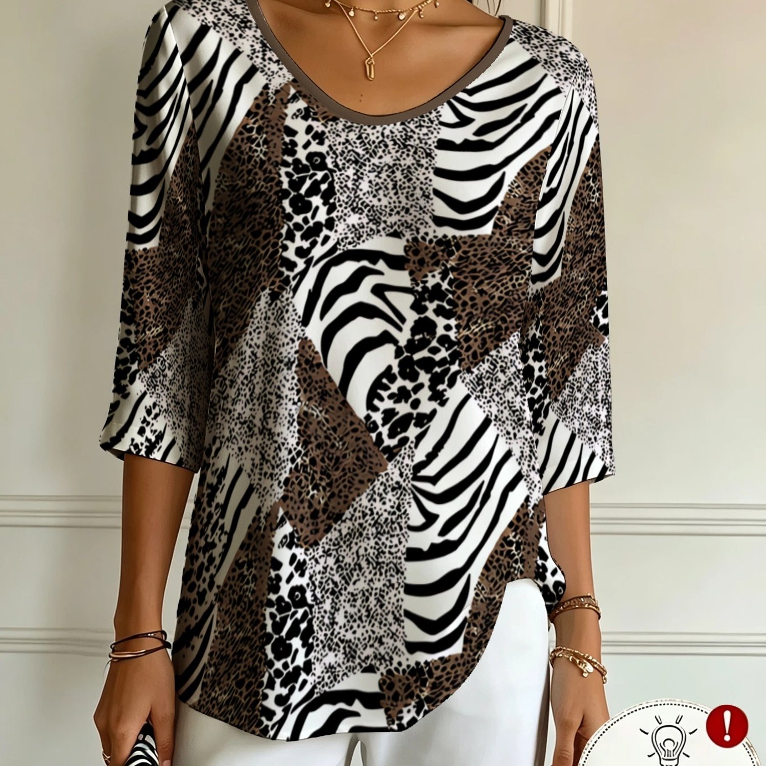 TEMU Printed Design - Not Textured New Women's V-neck 3/4 Sleeve T-shirt Zebra Leopard Print Mixed Printed Wild Trendy Style Suitable For , Shopping,