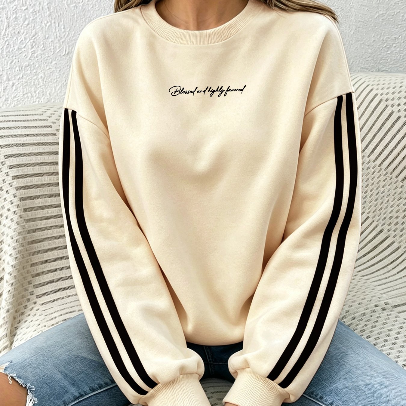 TEMU Women's Round-neck Sweatshirt, Double-striped Pullover With Printed Design, Loose And Soft Casual Everyday Sweatshirt