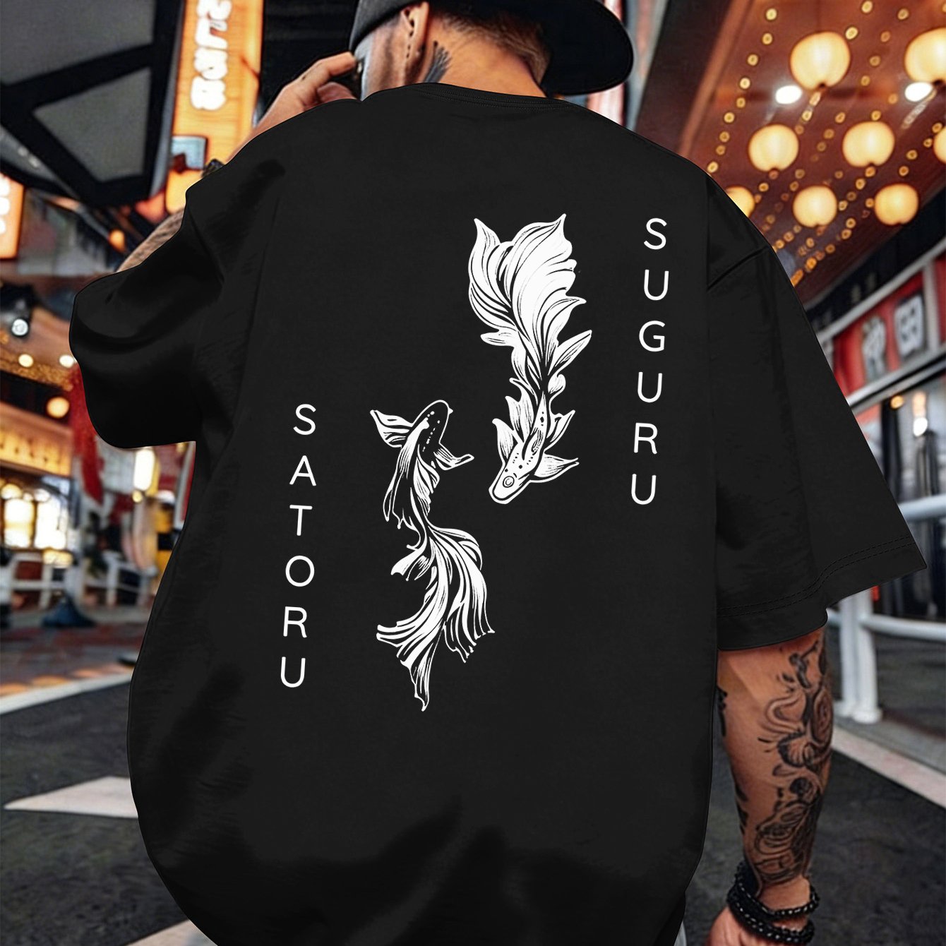 TEMU Men's Oversized Japanese Koi T-shirt - Minimalist Koi Fish Print, Round Neck Summer Casual Tee, Suitable For Daily & Layering, Machine Washable,